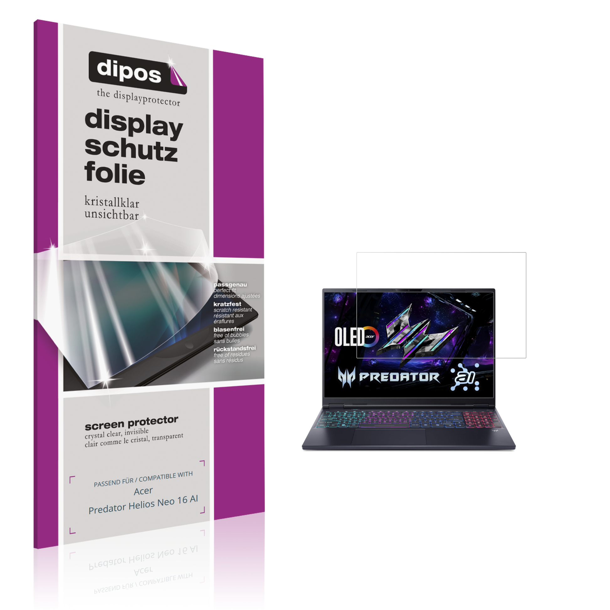 Klare Displayschutzfolie von dipos passend für acerpredator helios neo 16 ai, präziser Zuschnitt und blasenfrei montiert