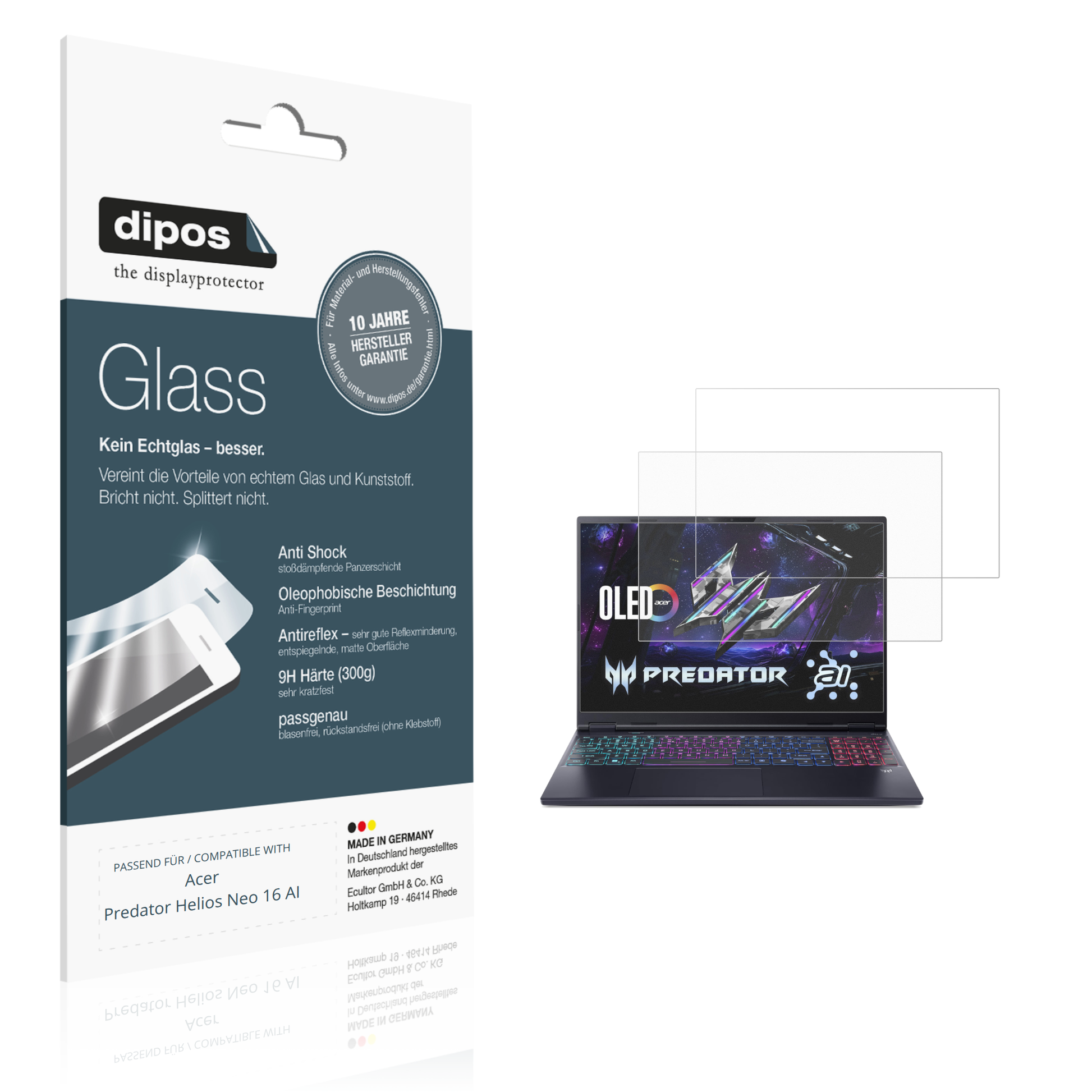 Matte Displayschutzfolie von dipos passend für acerpredator helios neo 16 ai, 9H kratzfest und blasenfrei montiert