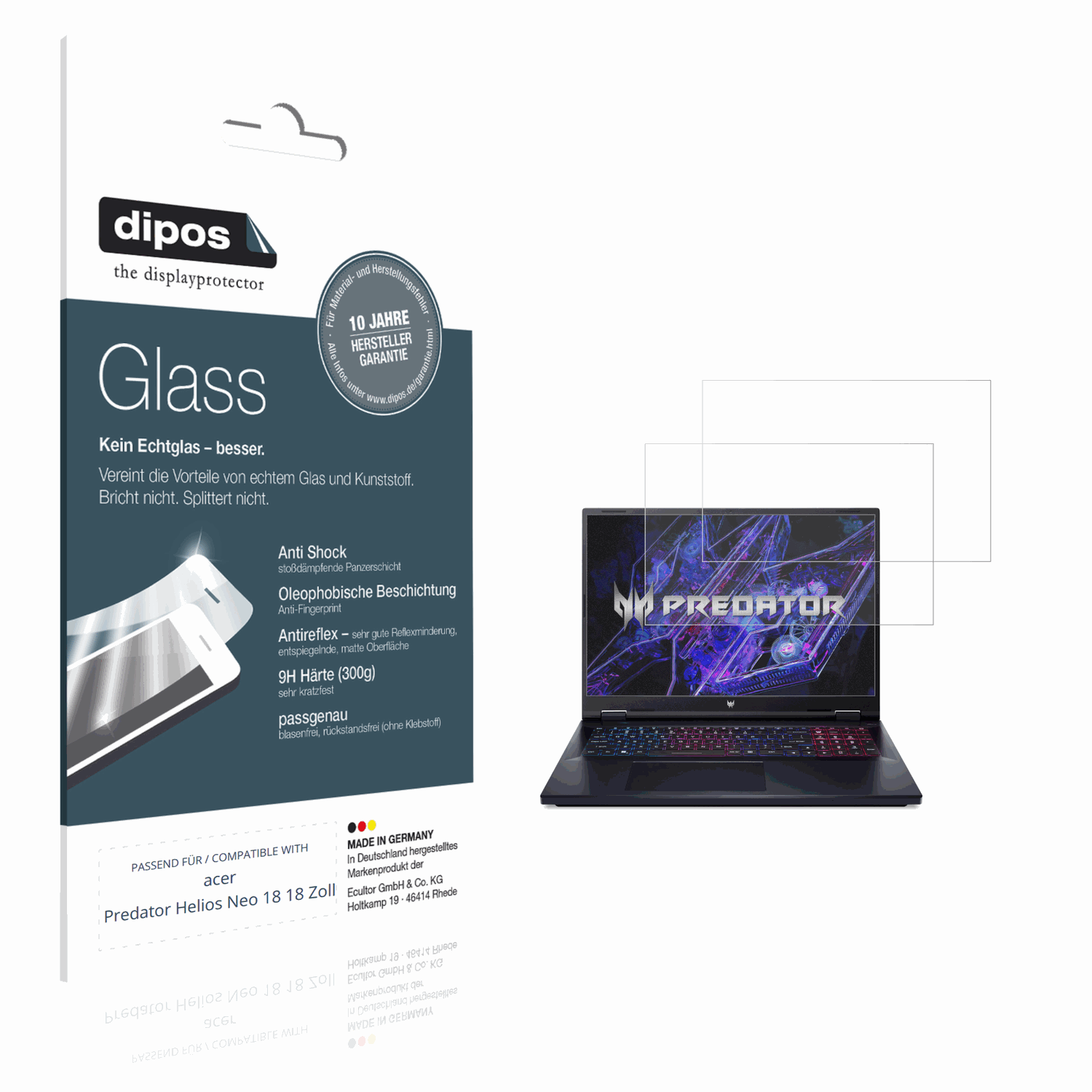 Matte Displayschutzfolie von dipos passend für acer Predator Helios Neo 18 18 Zoll, 9H kratzfest und blasenfrei montiert