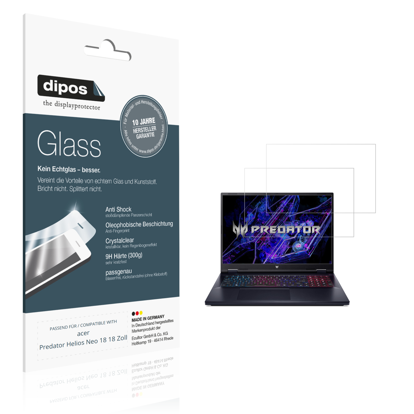 Klare Displayschutzfolie von dipos passend für acer Predator Helios Neo 18 18 Zoll, 9H kratzfest und blasenfrei montiert