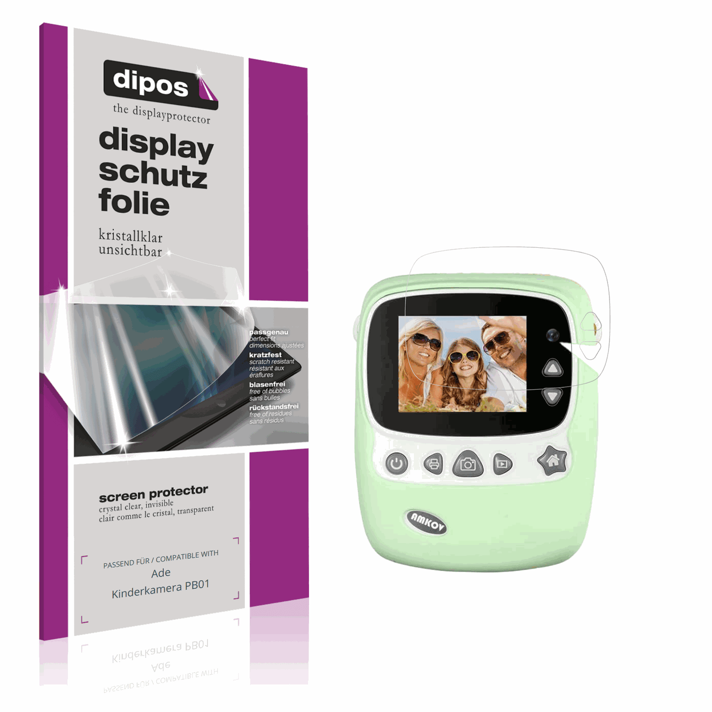 Klare Displayschutzfolie von dipos passend für Ade Kinderkamera PB01, präziser Zuschnitt und blasenfrei montiert