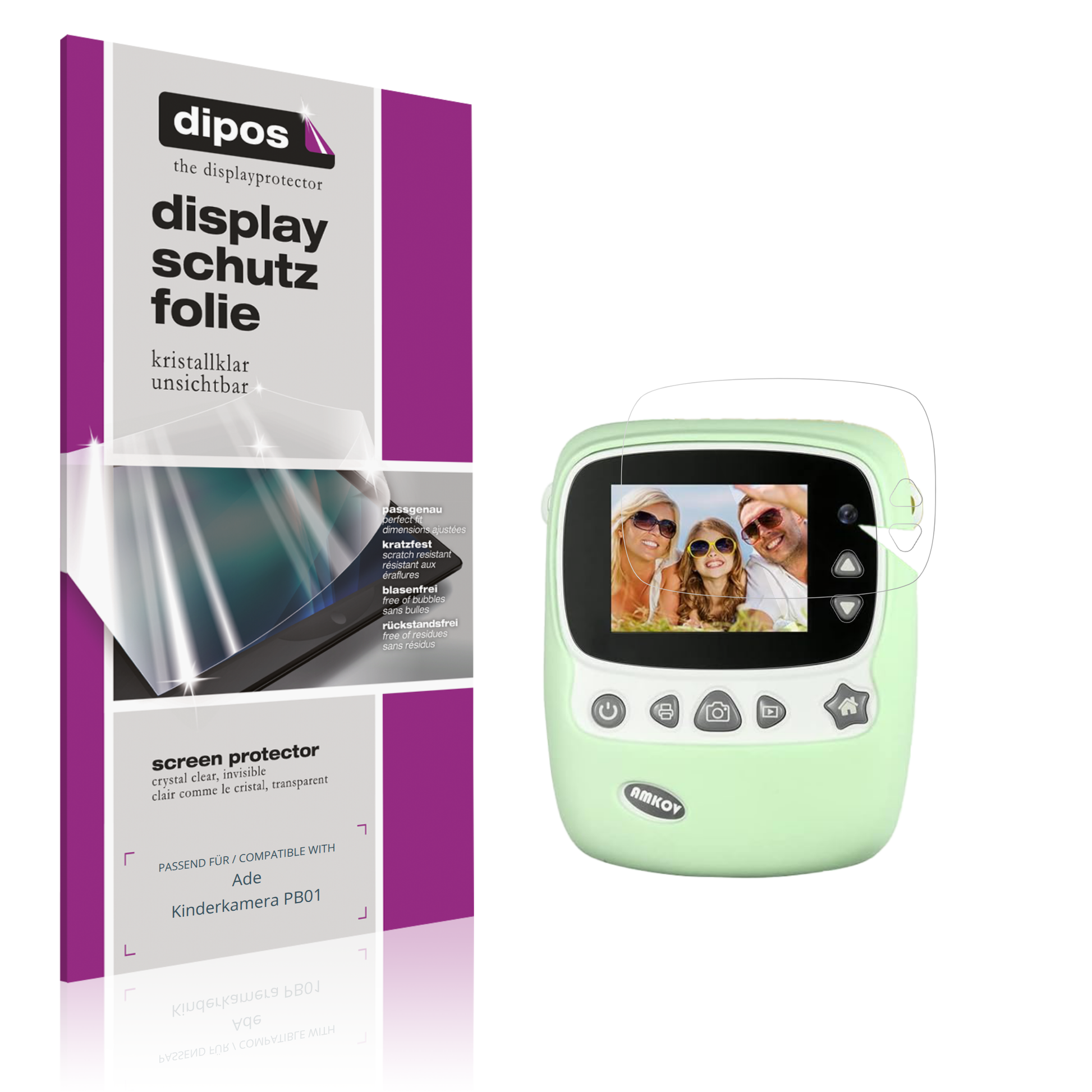 Klare Displayschutzfolie von dipos passend für Ade Kinderkamera PB01, präziser Zuschnitt und blasenfrei montiert