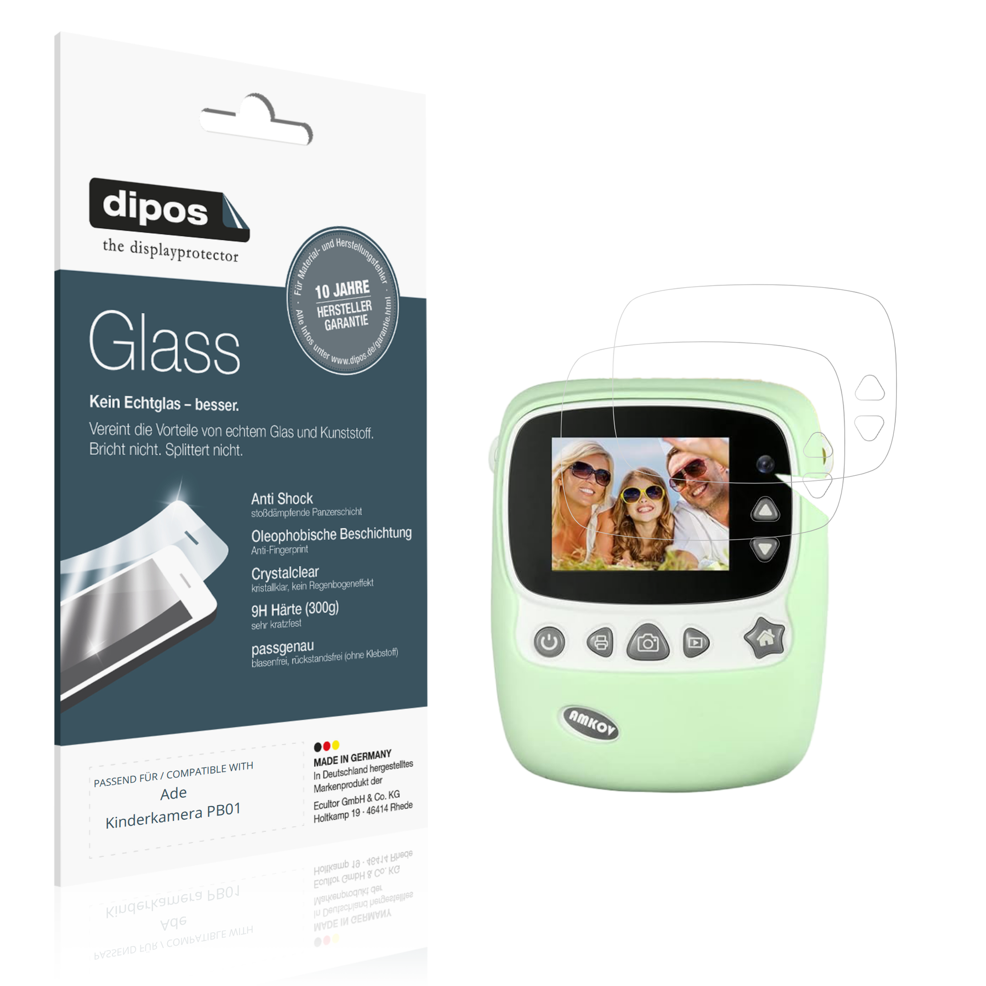 Klare Displayschutzfolie von dipos passend für Ade Kinderkamera PB01, 9H kratzfest und blasenfrei montiert