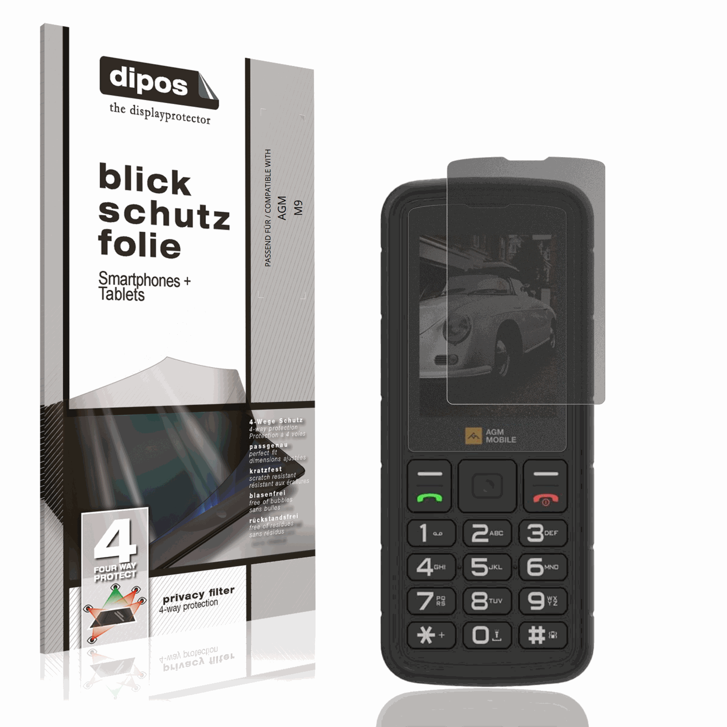 Blickschutzfolie von dipos passend für AGM M9, präziser Zuschnitt und blasenfrei montiert