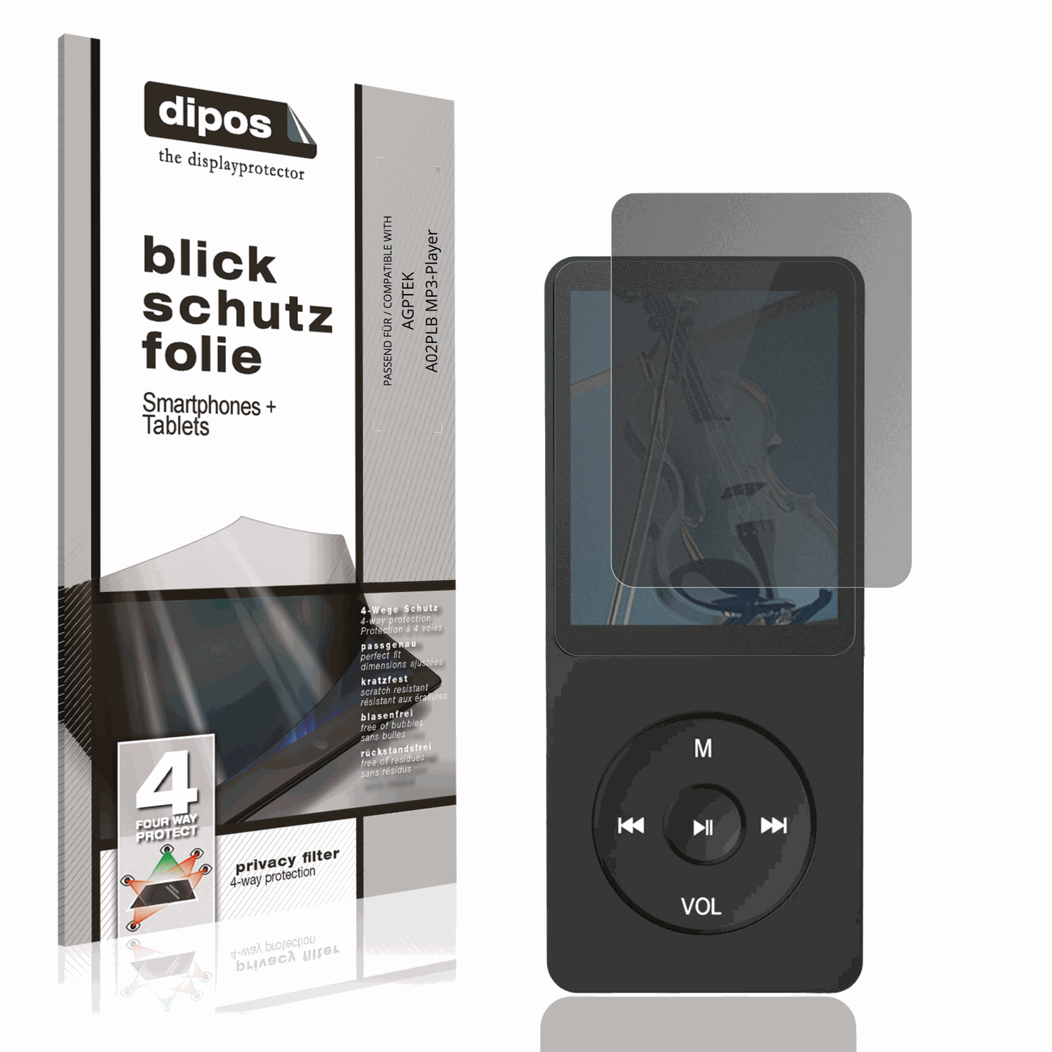 Blickschutzfolie von dipos passend für AGPTEK A02PLB MP3-Player, präziser Zuschnitt und blasenfrei montiert