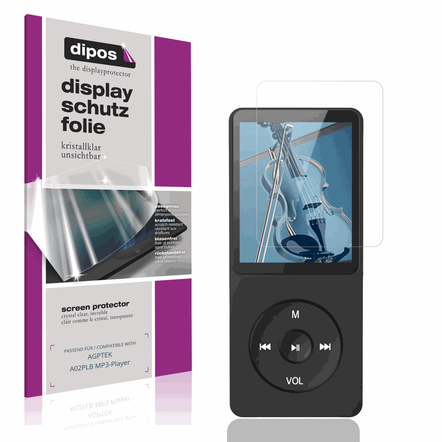 Klare Displayschutzfolie von dipos passend für AGPTEK A02PLB MP3-Player, präziser Zuschnitt und blasenfrei montiert