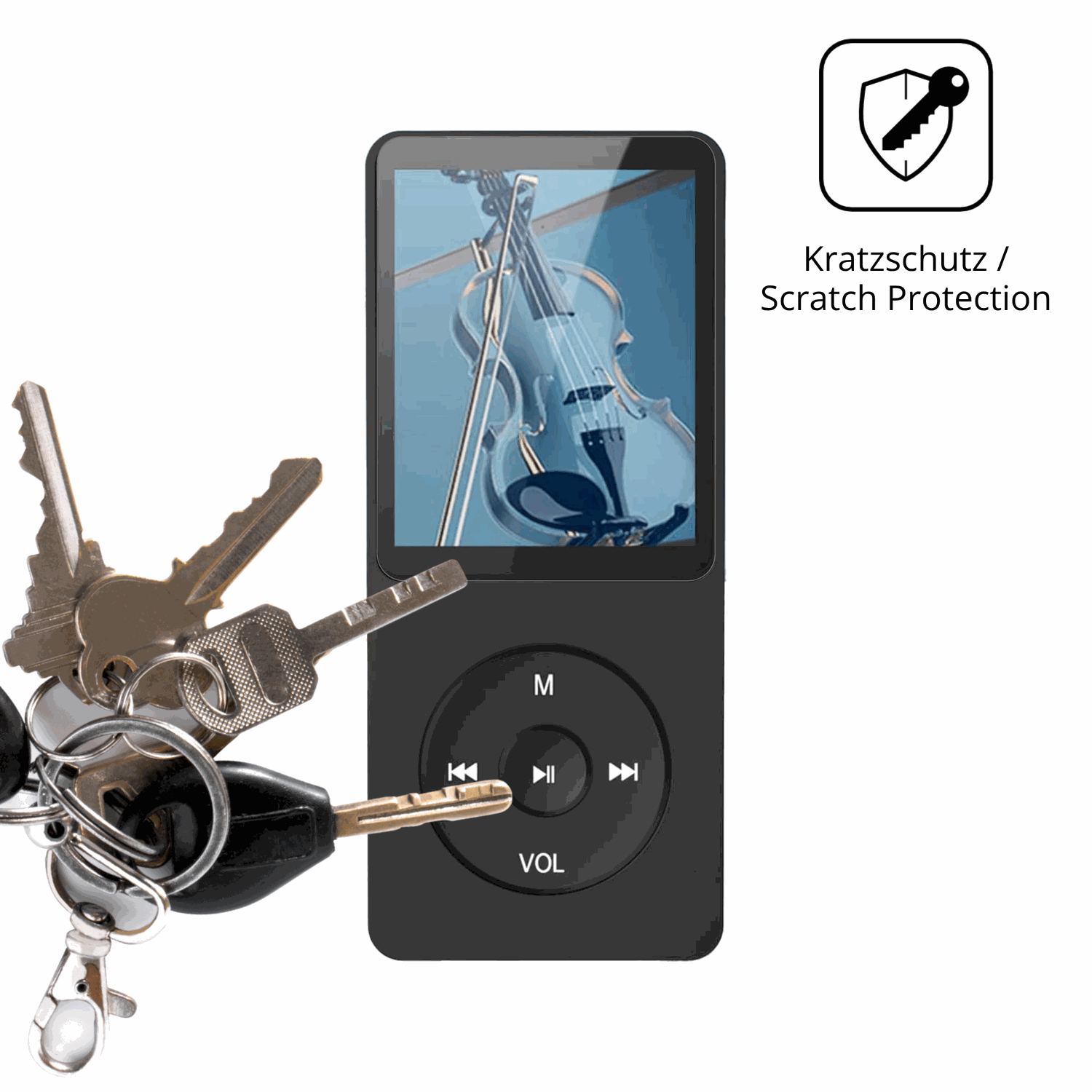 Schutz gegen Kratzer auf dem AGPTEK A02PLB MP3-Player Glas durch Schlüssel oder Ähnliches