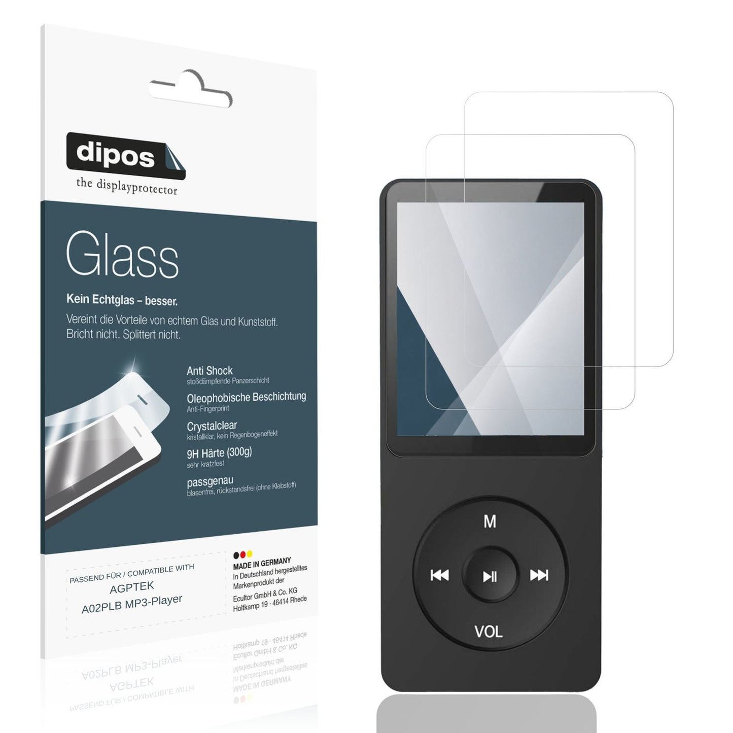 Klare Displayschutzfolie von dipos passend für AGPTEK A02PLB MP3-Player, 9H kratzfest und blasenfrei montiert