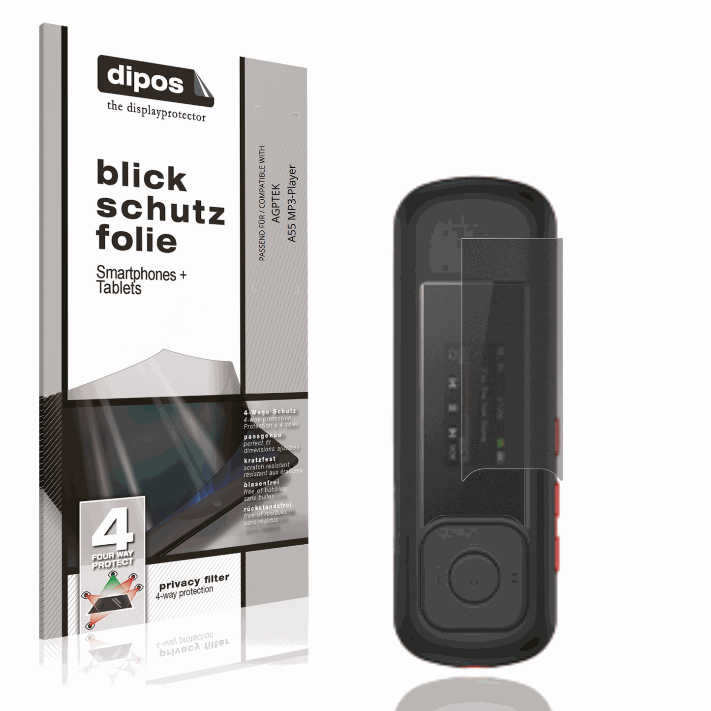 Blickschutzfolie von dipos passend für AGPTEK A55 MP3-Player, präziser Zuschnitt und blasenfrei montiert