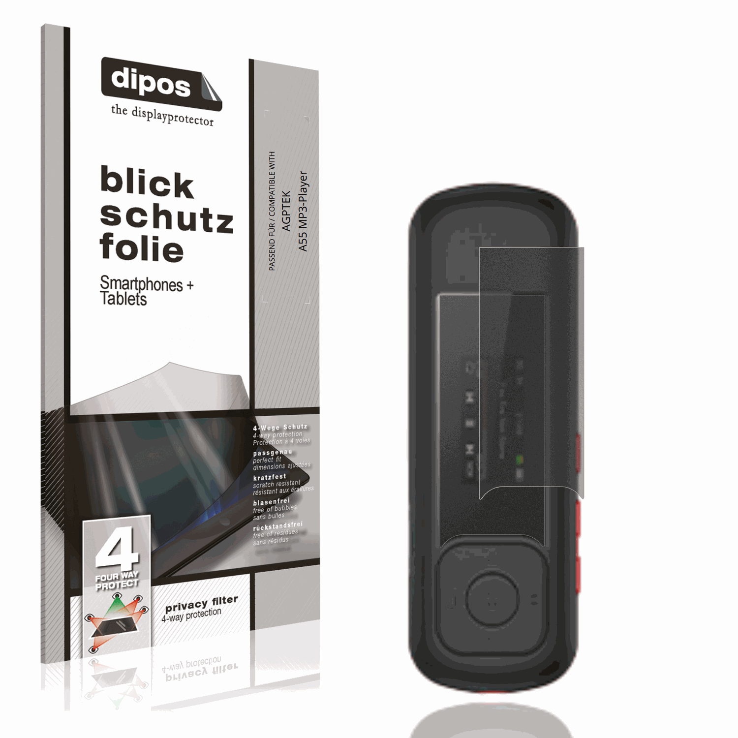 Blickschutzfolie von dipos passend für AGPTEK A55 MP3-Player, präziser Zuschnitt und blasenfrei montiert