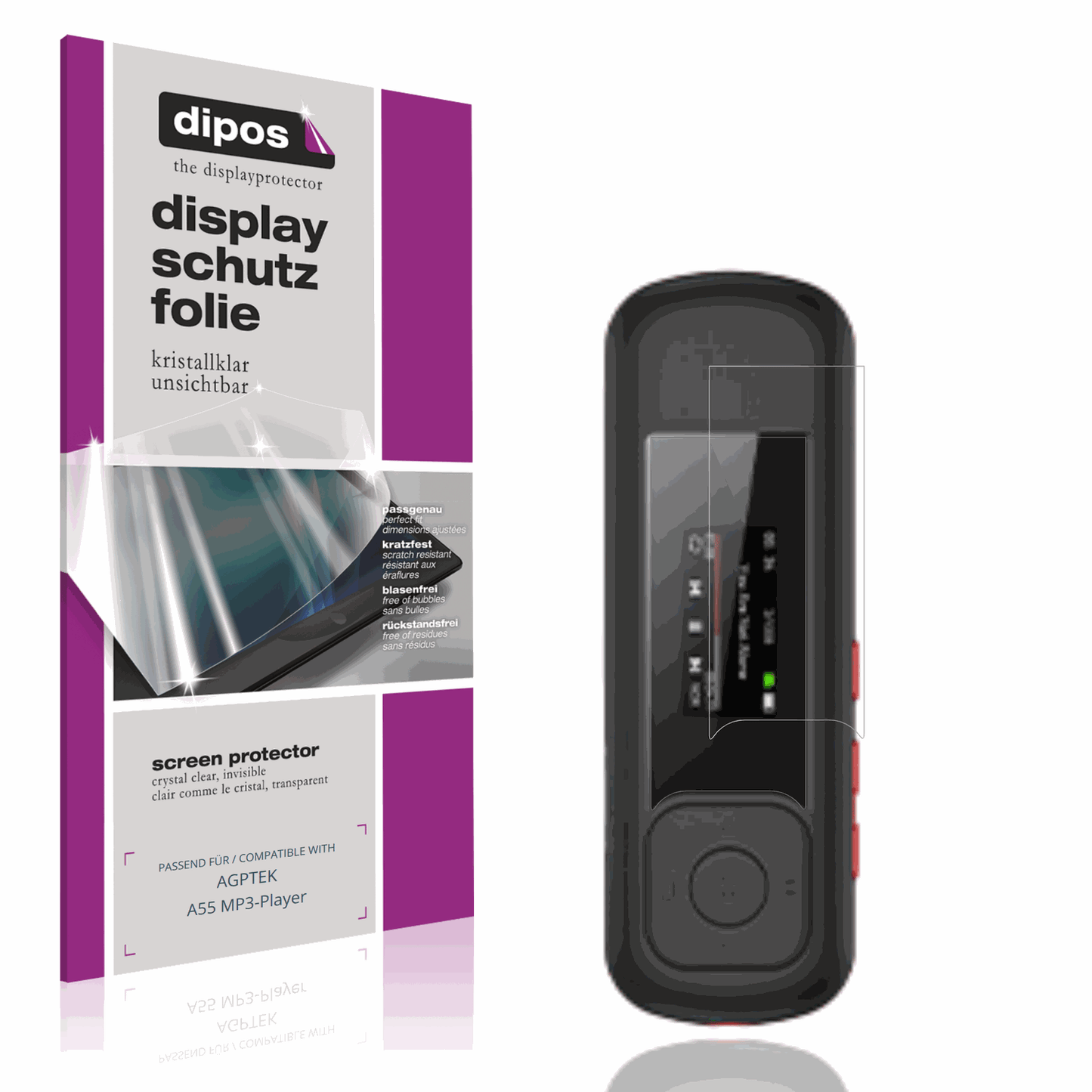 Klare Displayschutzfolie von dipos passend für AGPTEK A55 MP3-Player, präziser Zuschnitt und blasenfrei montiert