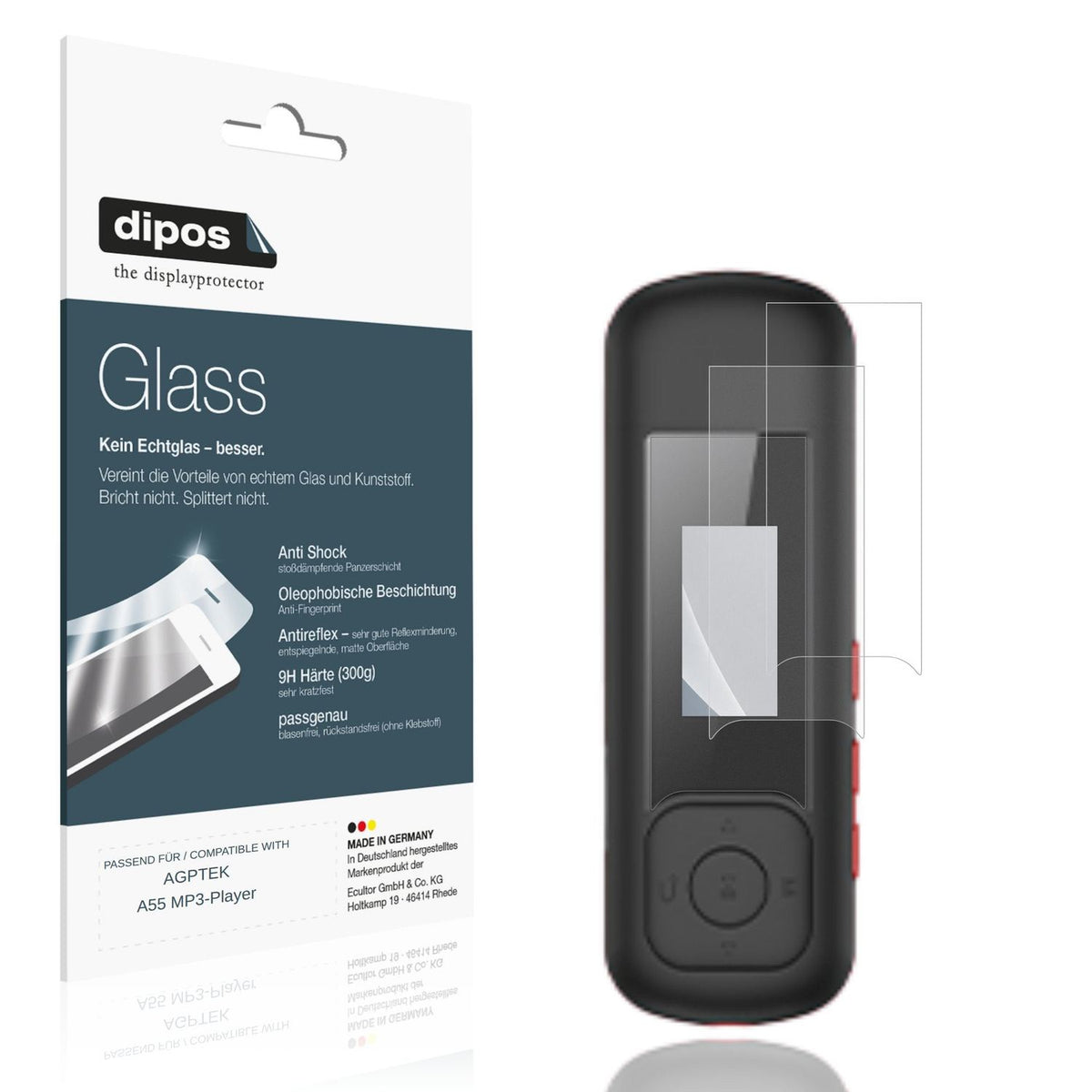 Matte Displayschutzfolie von dipos passend für AGPTEK A55 MP3-Player, 9H kratzfest und blasenfrei montiert