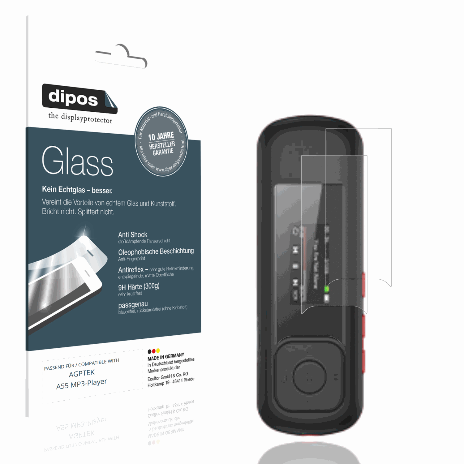 Matte Displayschutzfolie von dipos passend für AGPTEK A55 MP3-Player, 9H kratzfest und blasenfrei montiert