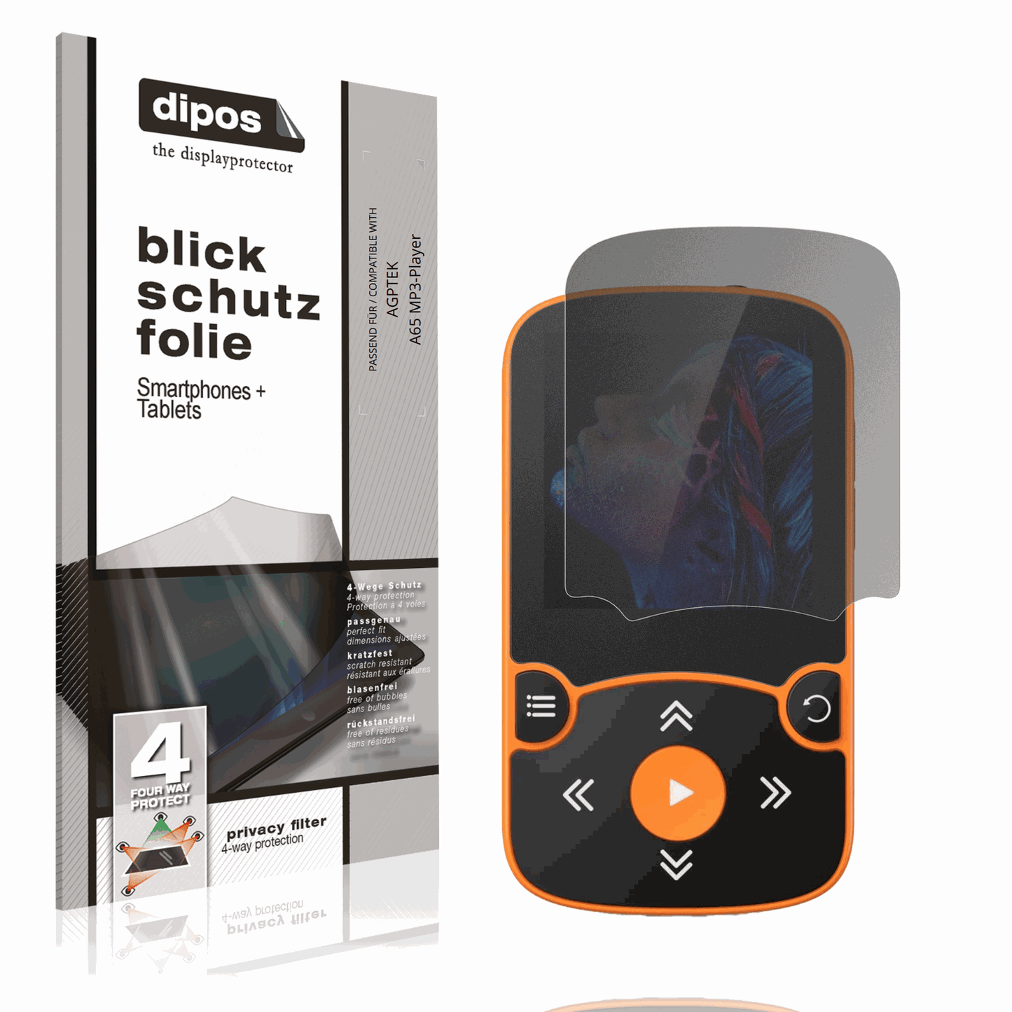 Blickschutzfolie von dipos passend für AGPTEK A65 MP3-Player, präziser Zuschnitt und blasenfrei montiert