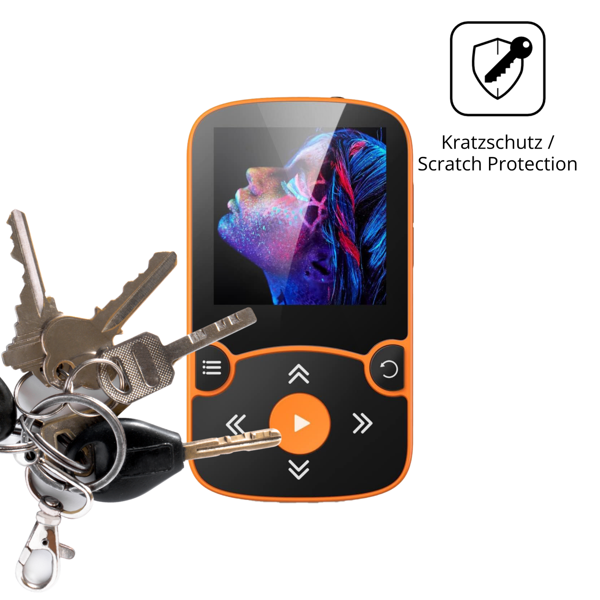 Schutz gegen Kratzer auf dem AGPTEK A65 MP3-Player Glas durch Schlüssel oder Ähnliches
