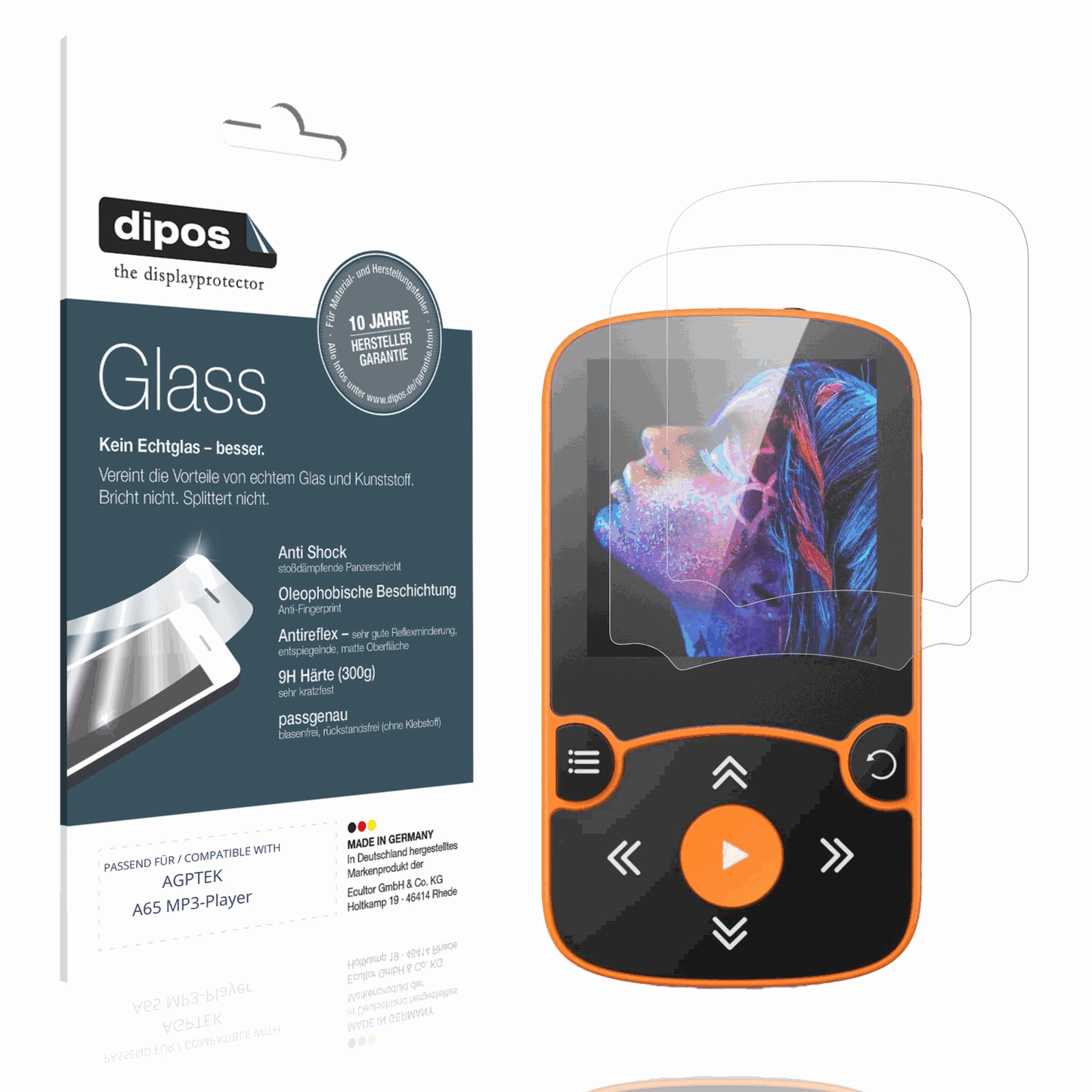 Matte Displayschutzfolie von dipos passend für AGPTEK A65 MP3-Player, 9H kratzfest und blasenfrei montiert