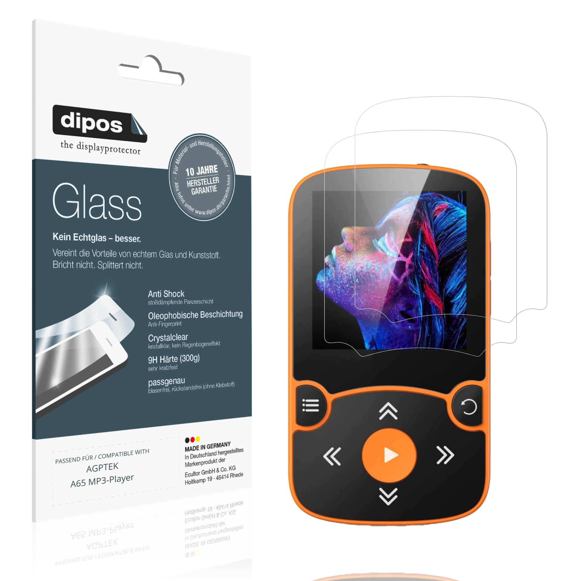Klare Displayschutzfolie von dipos passend für AGPTEK A65 MP3-Player, 9H kratzfest und blasenfrei montiert