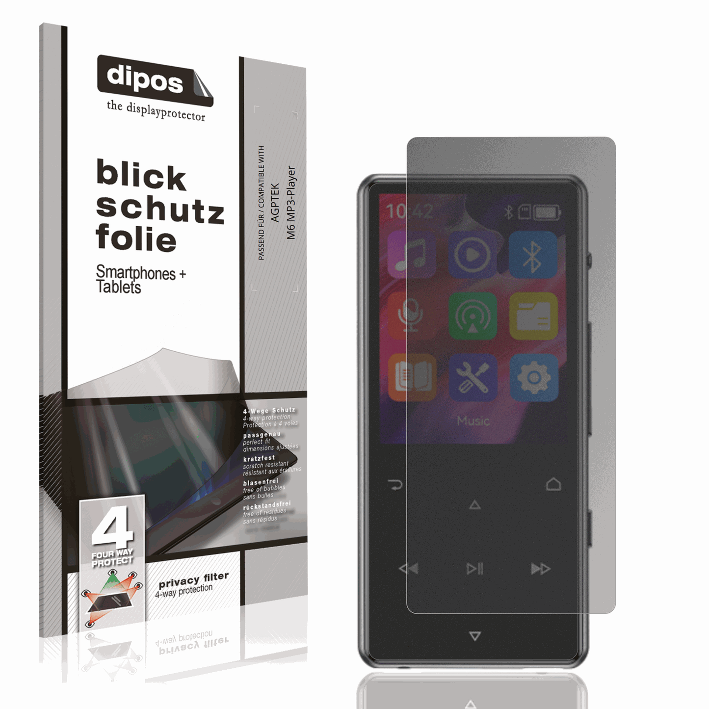 Blickschutzfolie von dipos passend für AGPTEK M6 MP3-Player, präziser Zuschnitt und blasenfrei montiert