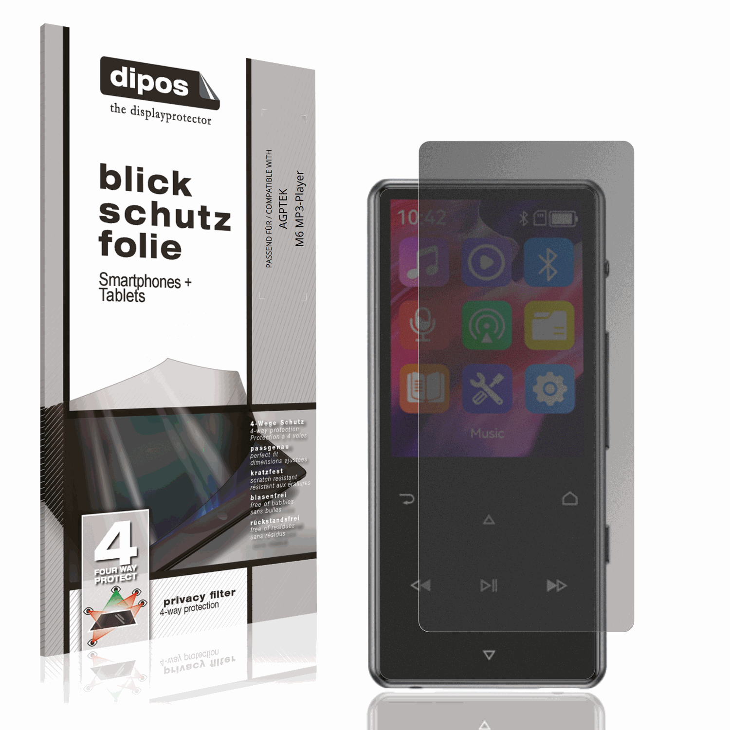 Blickschutzfolie von dipos passend für AGPTEK M6 MP3-Player, präziser Zuschnitt und blasenfrei montiert