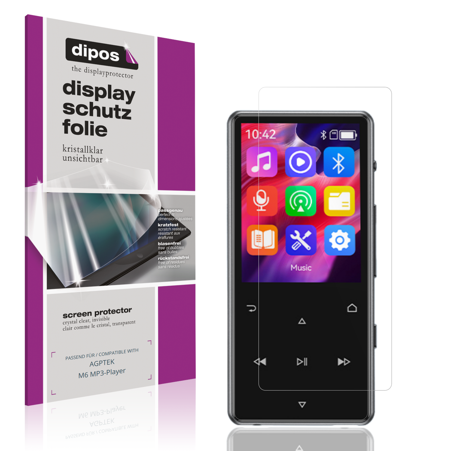 Klare Displayschutzfolie von dipos passend für AGPTEK M6 MP3-Player, präziser Zuschnitt und blasenfrei montiert