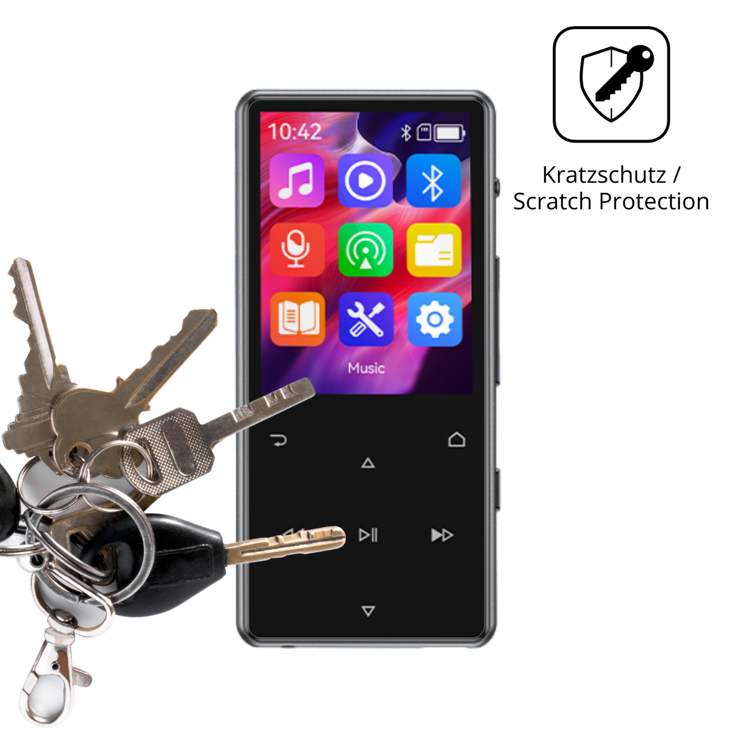 Schutz gegen Kratzer auf dem AGPTEK M6 MP3-Player Glas durch Schlüssel oder Ähnliches