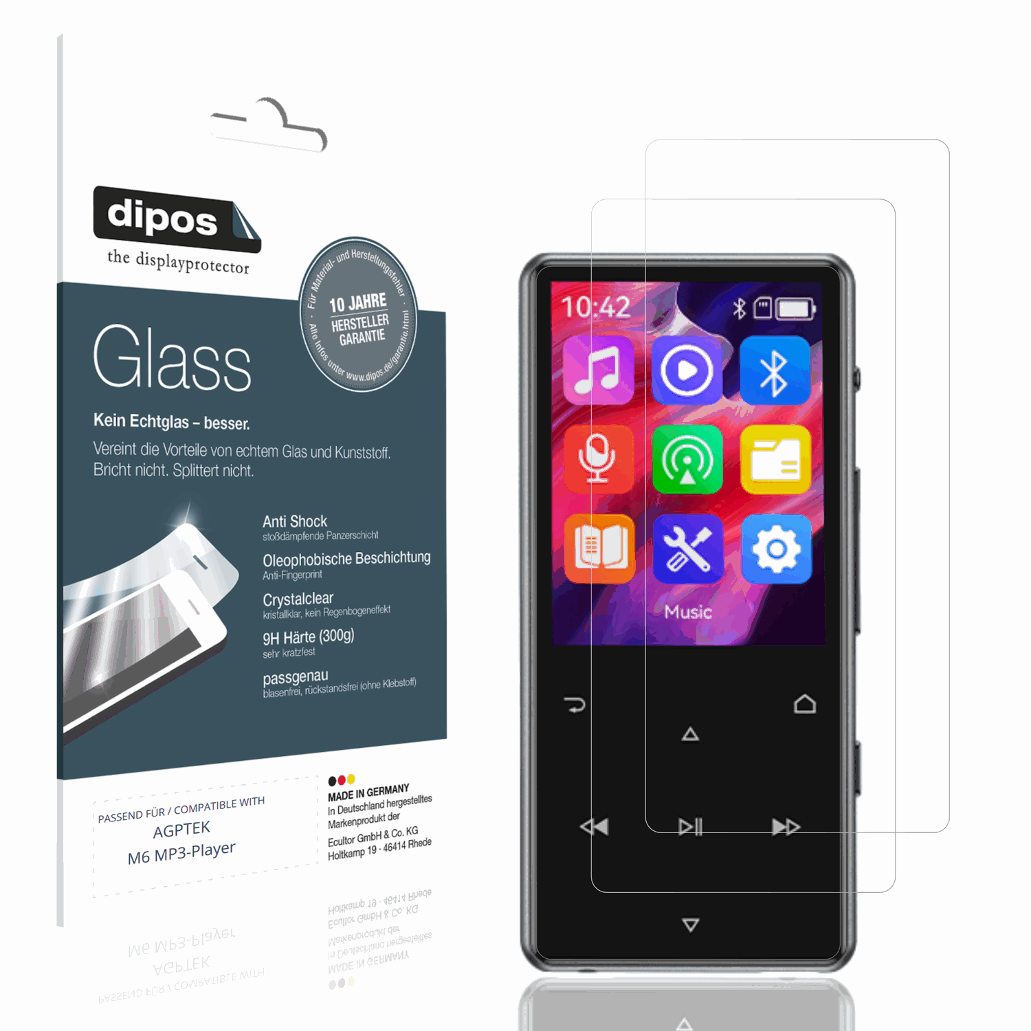Klare Displayschutzfolie von dipos passend für AGPTEK M6 MP3-Player, 9H kratzfest und blasenfrei montiert