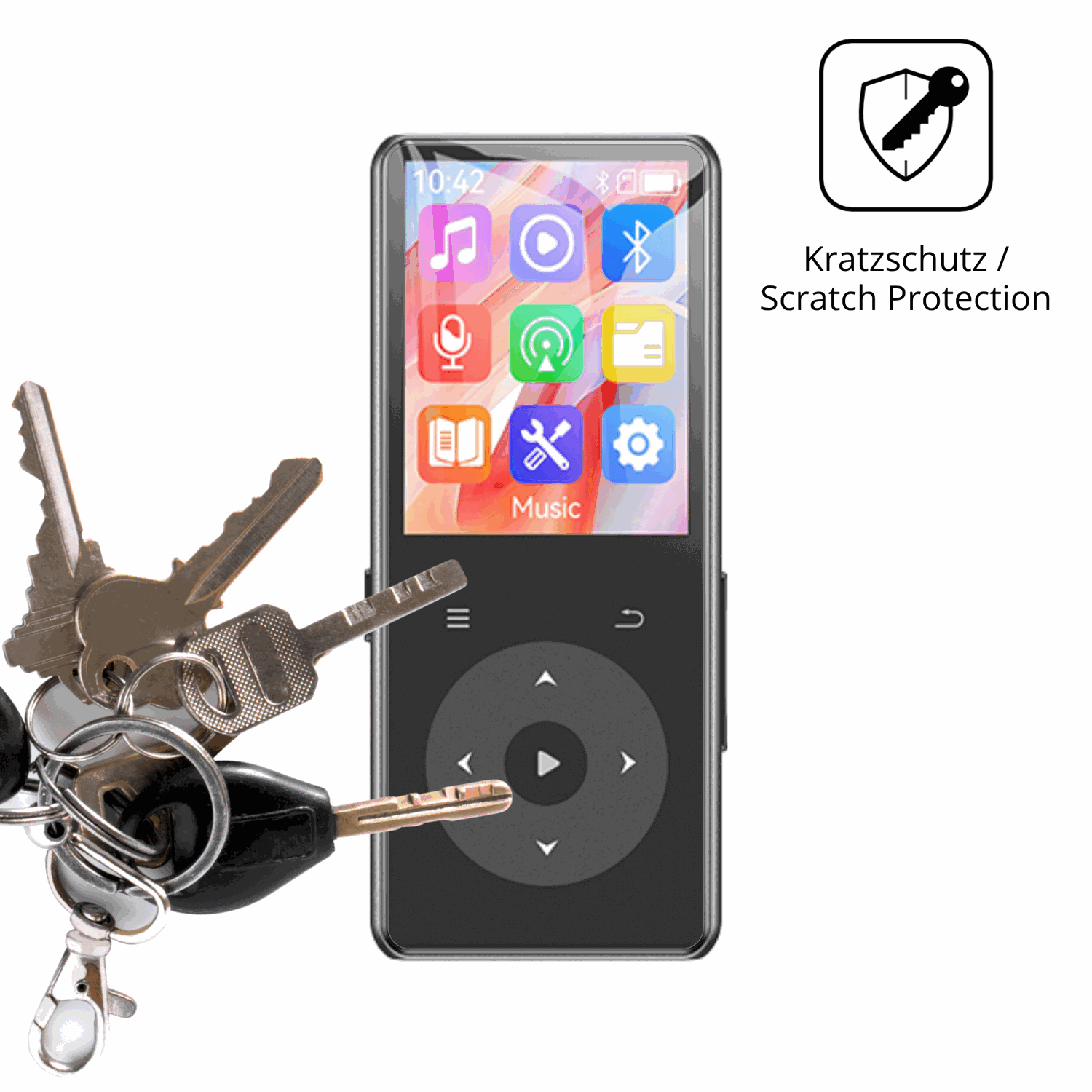 Schutz gegen Kratzer auf dem AGPTEK M7 MP3-Player Glas durch Schlüssel oder Ähnliches