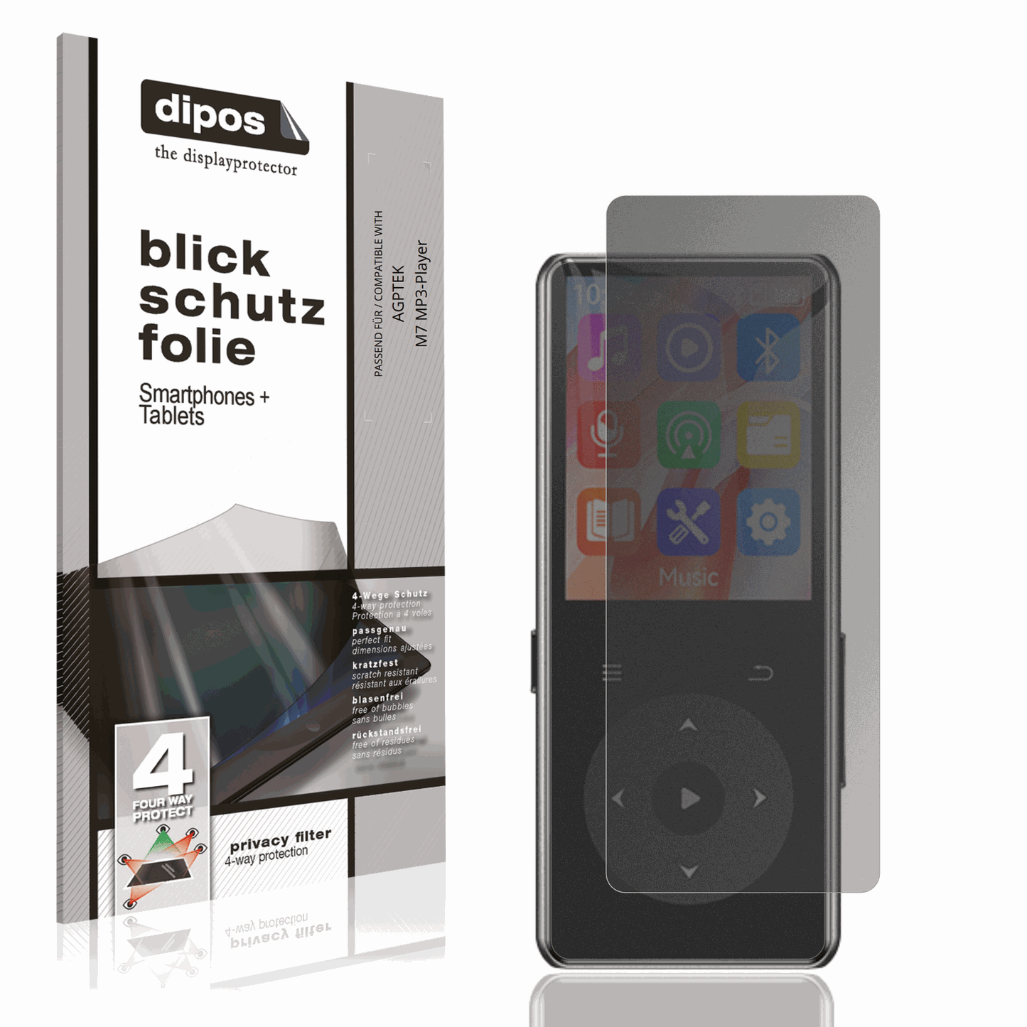 Blickschutzfolie von dipos passend für AGPTEK M7 MP3-Player, präziser Zuschnitt und blasenfrei montiert