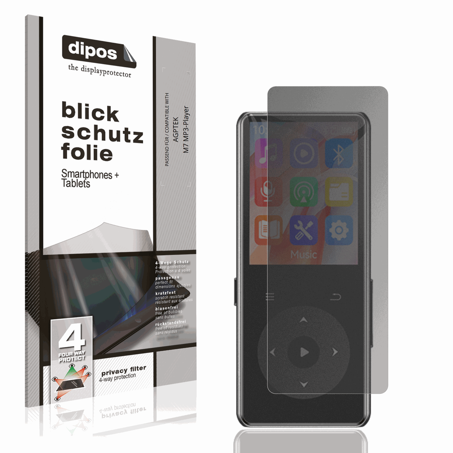 Blickschutzfolie von dipos passend für AGPTEK M7 MP3-Player, präziser Zuschnitt und blasenfrei montiert