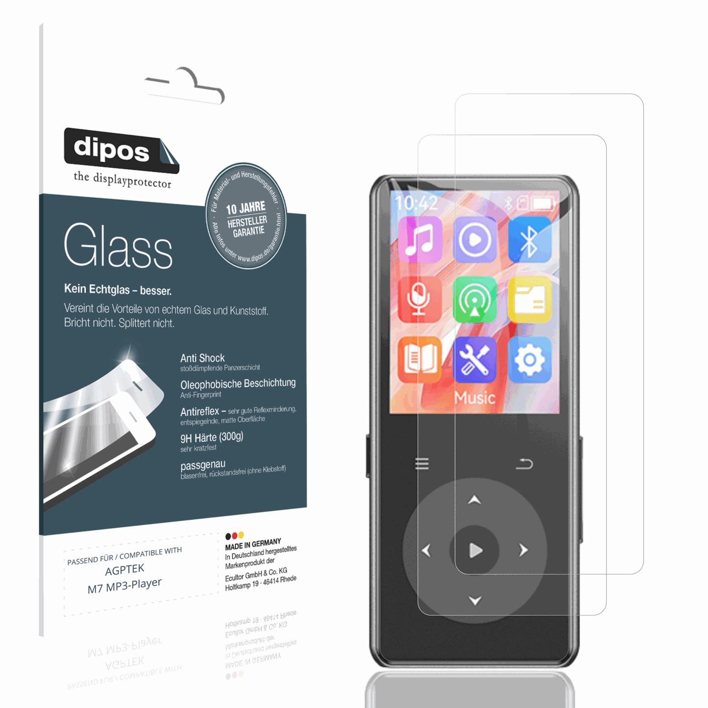 Matte Displayschutzfolie von dipos passend für AGPTEK M7 MP3-Player, 9H kratzfest und blasenfrei montiert
