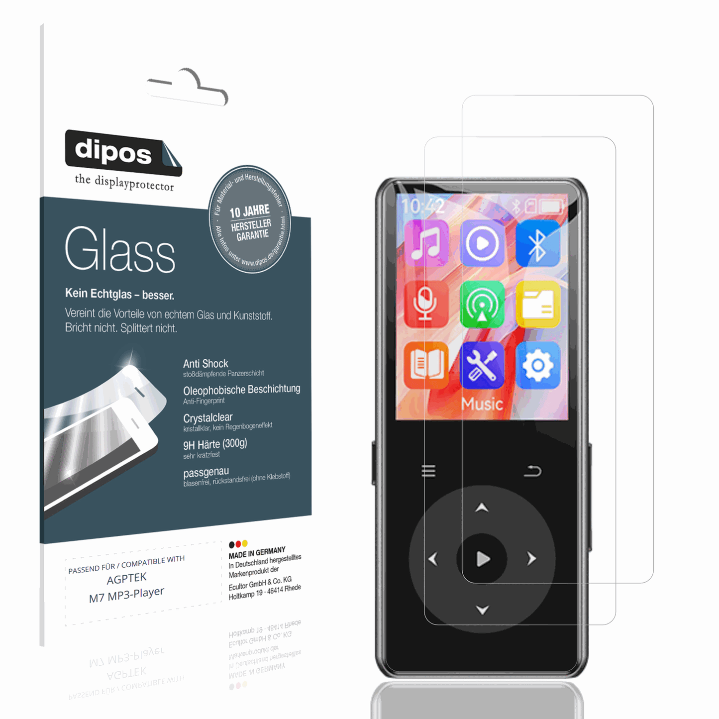 Klare Displayschutzfolie von dipos passend für AGPTEK M7 MP3-Player, 9H kratzfest und blasenfrei montiert