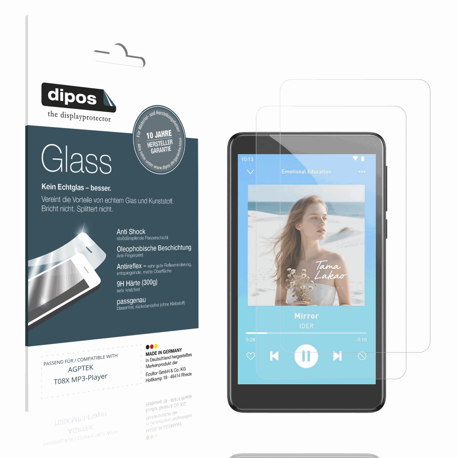 Matte Displayschutzfolie von dipos passend für AGPTEK T08X MP3-Player, 9H kratzfest und blasenfrei montiert