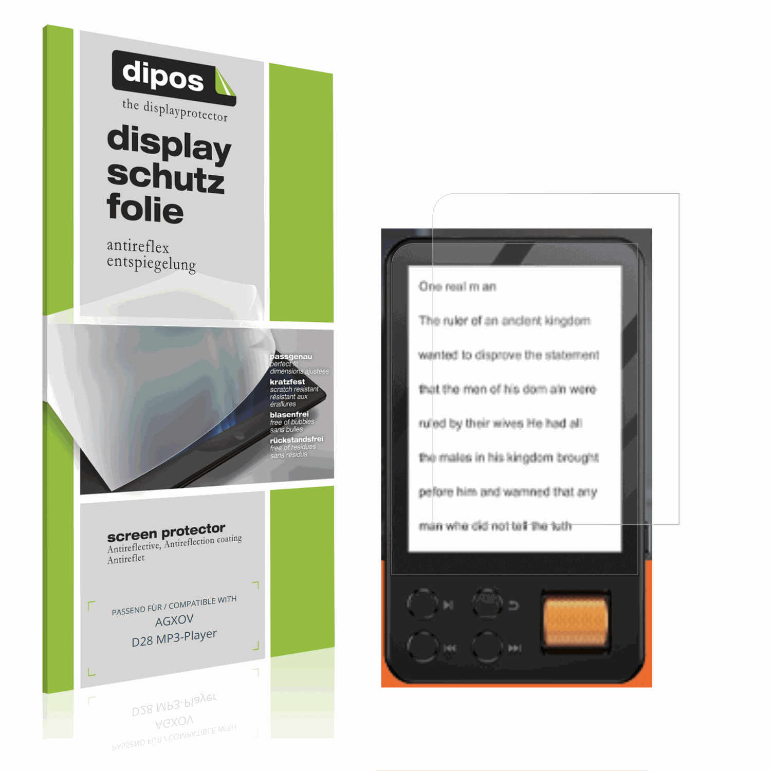 Matte Displayschutzfolie von dipos passend für AGXOV D28 MP3-Player, präziser Zuschnitt und blasenfrei montiert
