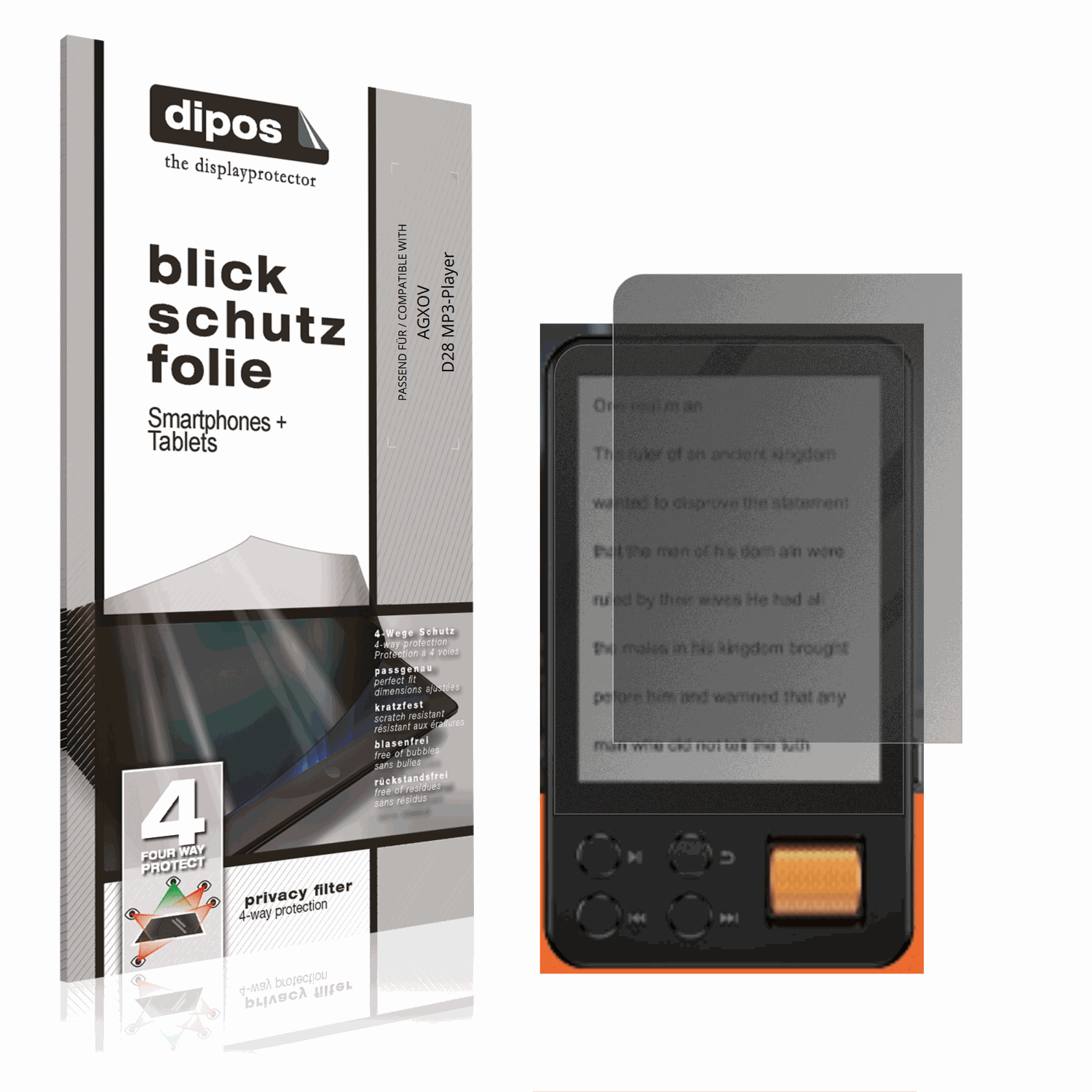 Blickschutzfolie von dipos passend für AGXOV D28 MP3-Player, präziser Zuschnitt und blasenfrei montiert
