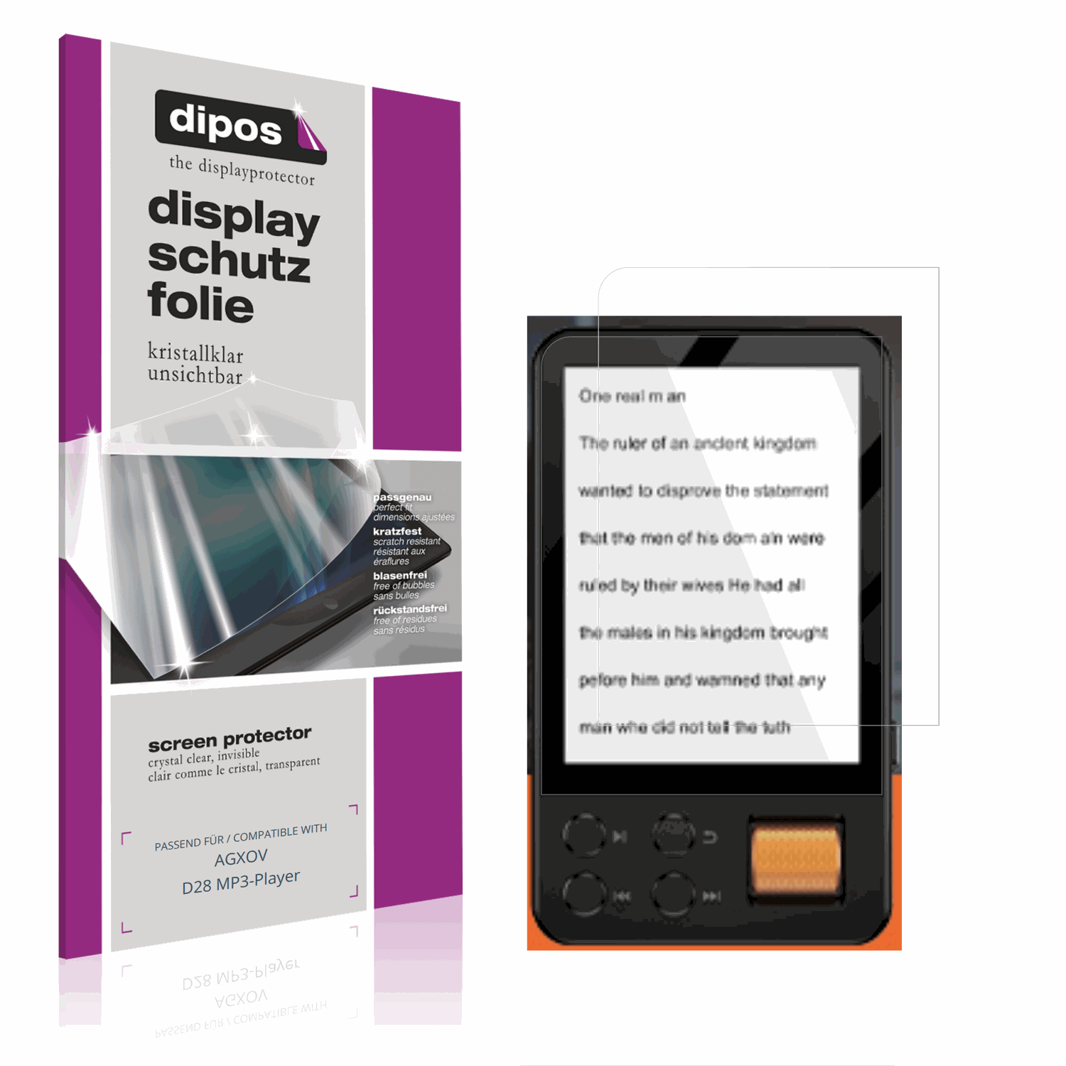 Klare Displayschutzfolie von dipos passend für AGXOV D28 MP3-Player, präziser Zuschnitt und blasenfrei montiert