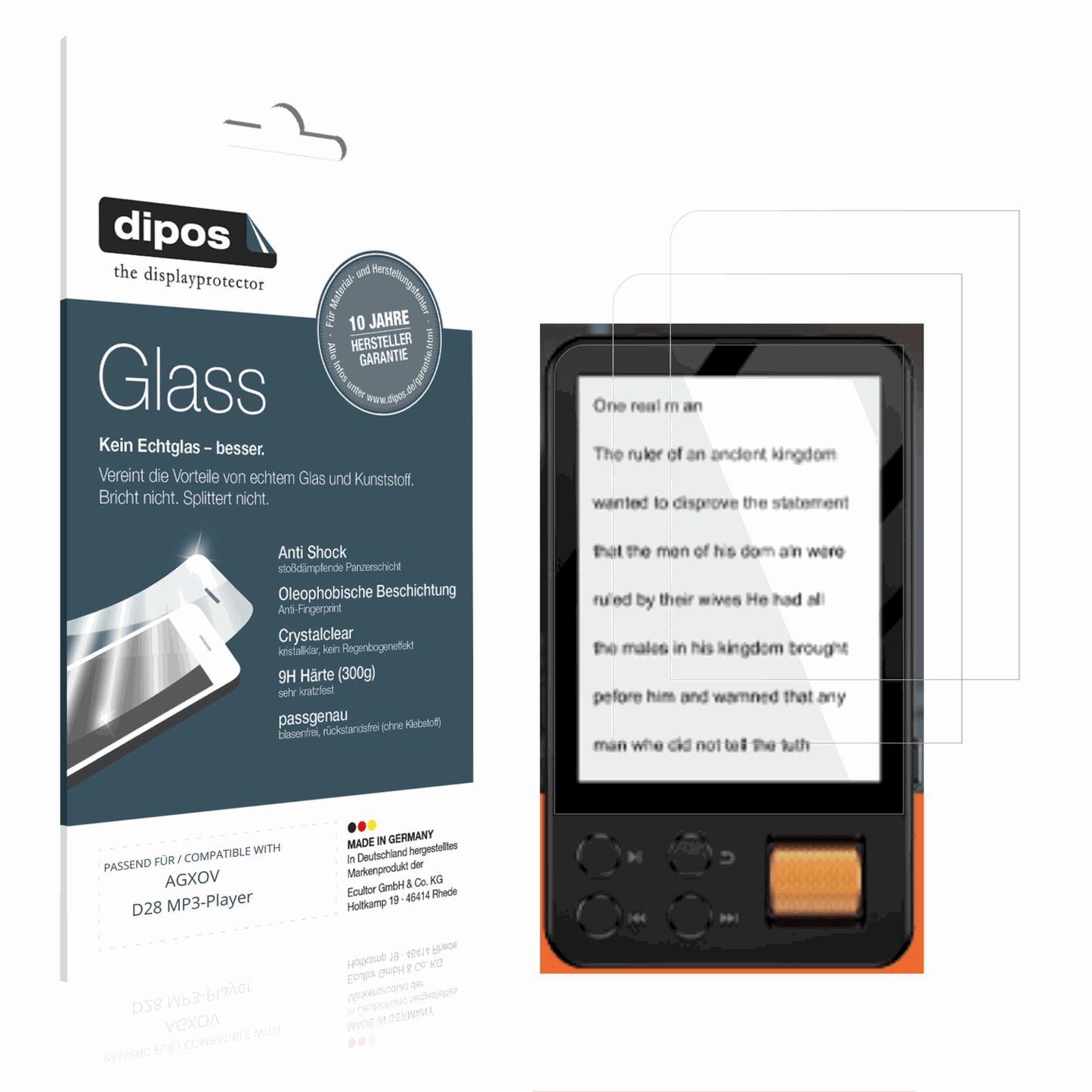 Klare Displayschutzfolie von dipos passend für AGXOV D28 MP3-Player, 9H kratzfest und blasenfrei montiert