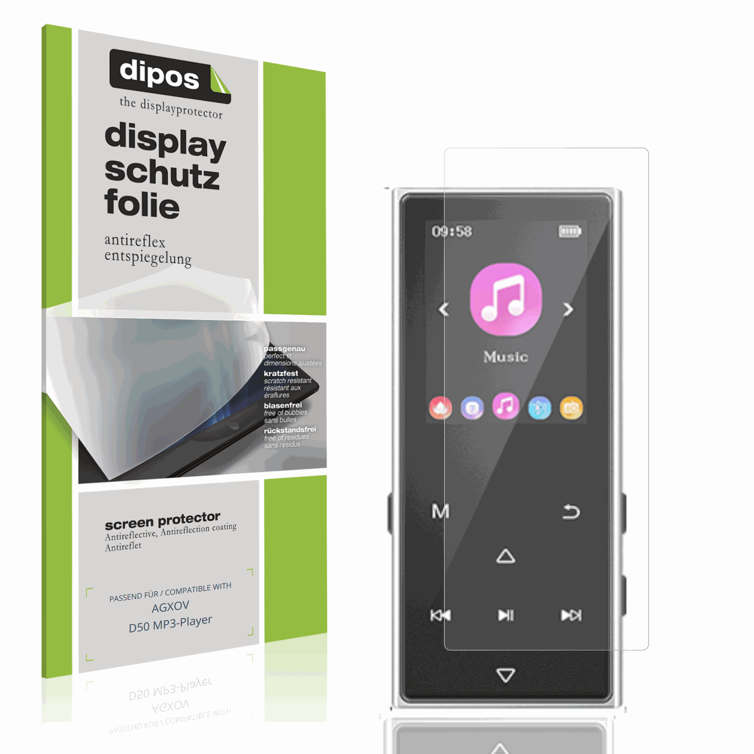 Matte Displayschutzfolie von dipos passend für AGXOV D50 MP3-Player, präziser Zuschnitt und blasenfrei montiert