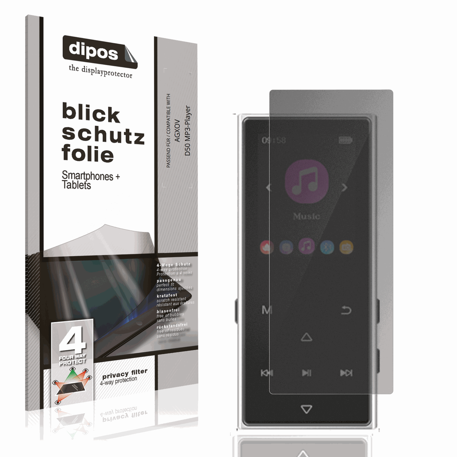 Blickschutzfolie von dipos passend für AGXOV D50 MP3-Player, präziser Zuschnitt und blasenfrei montiert
