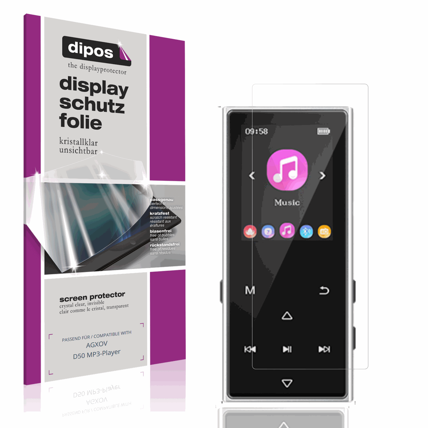 Klare Displayschutzfolie von dipos passend für AGXOV D50 MP3-Player, präziser Zuschnitt und blasenfrei montiert