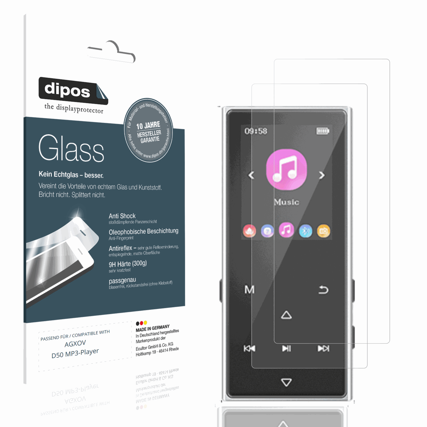 Matte Displayschutzfolie von dipos passend für AGXOV D50 MP3-Player, 9H kratzfest und blasenfrei montiert