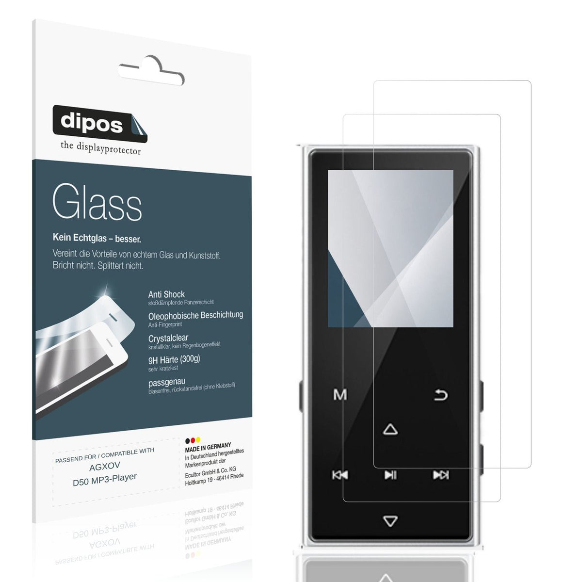 Klare Displayschutzfolie von dipos passend für AGXOV D50 MP3-Player, 9H kratzfest und blasenfrei montiert