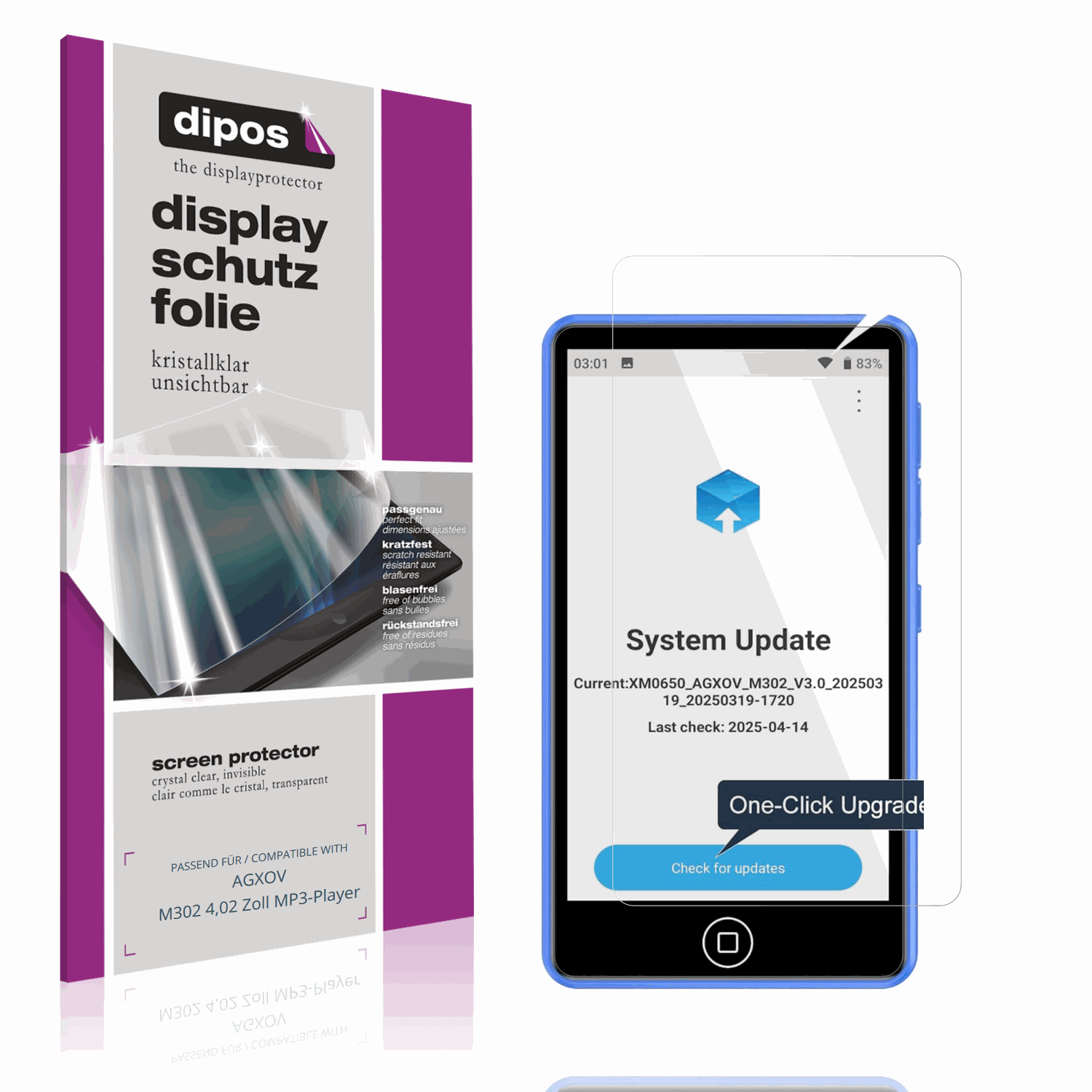 Klare Displayschutzfolie von dipos passend für AGXOV M302 4,02 Zoll MP3-Player, präziser Zuschnitt und blasenfrei montiert