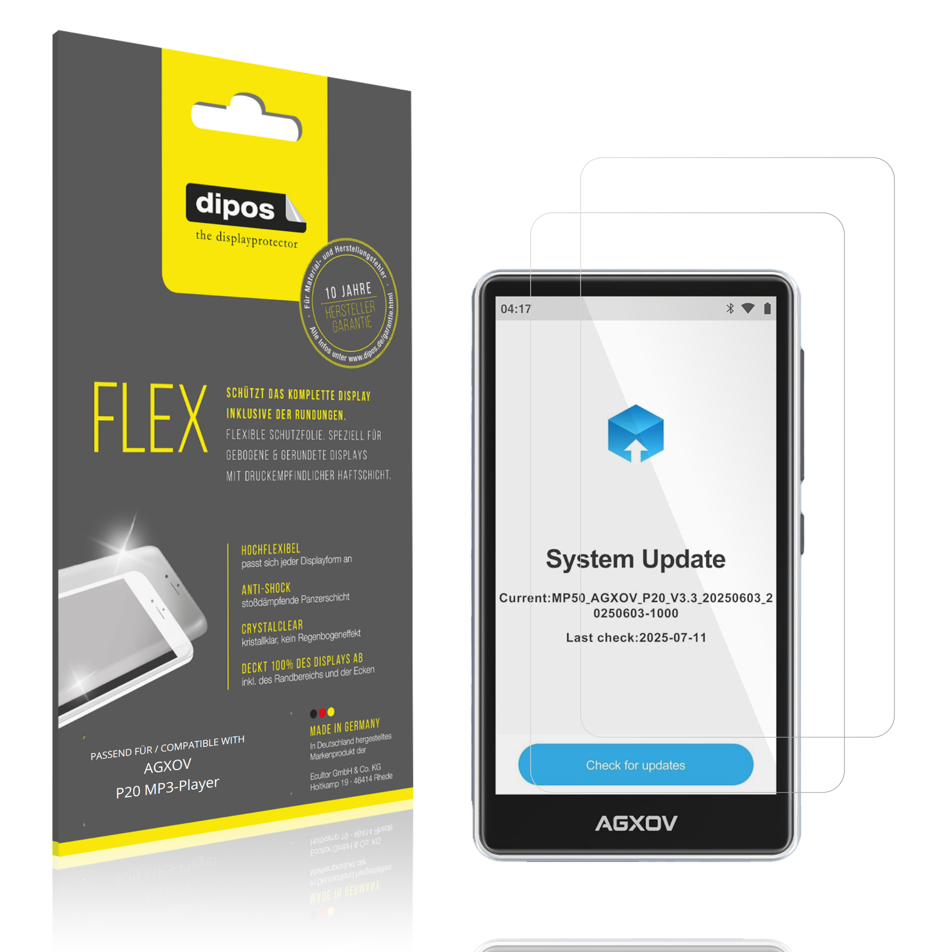 Klare Displayschutzfolie von dipos passend für AGXOV P20 MP3-Player, 100% Displayabdeckung und blasenfreie Montage