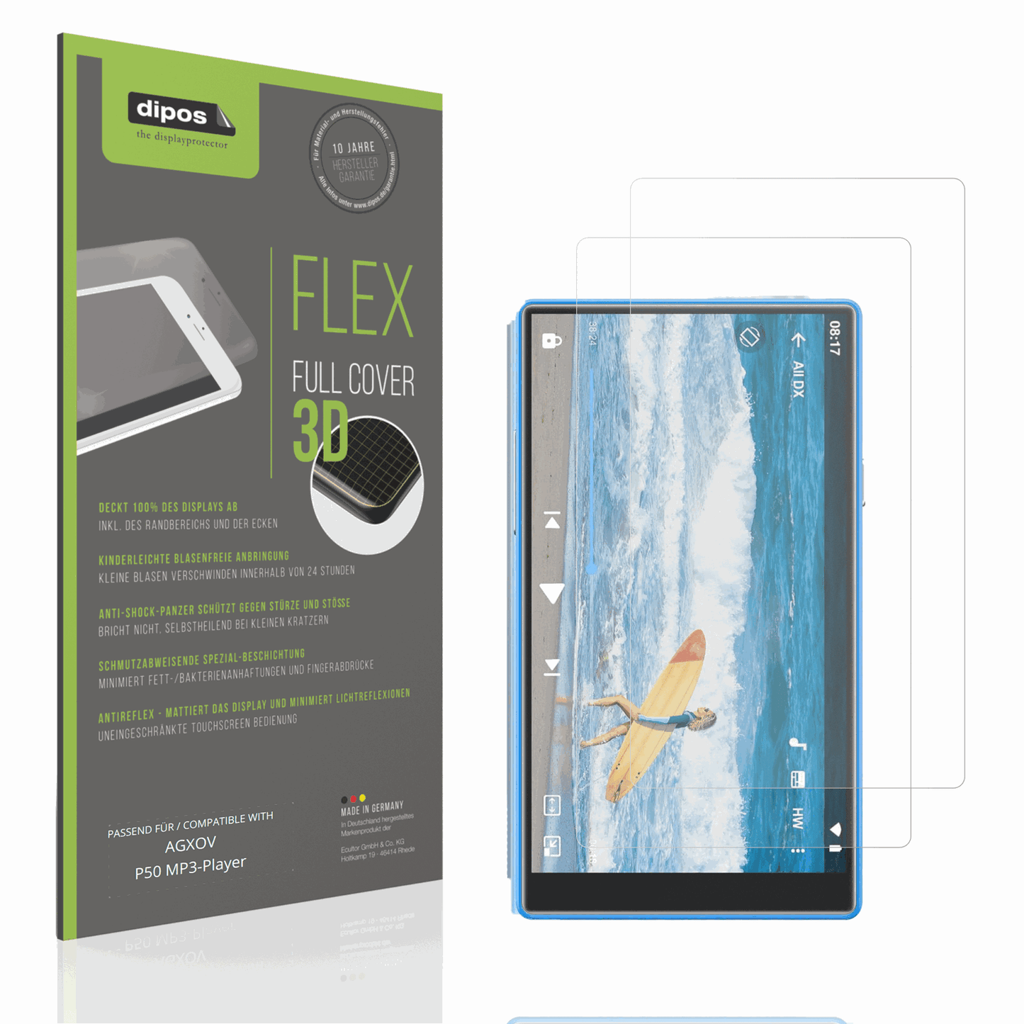 Matte Displayschutzfolie von dipos passend für AGXOV P50 MP3-Player, 100% Displayabdeckung und blasenfreie Montage