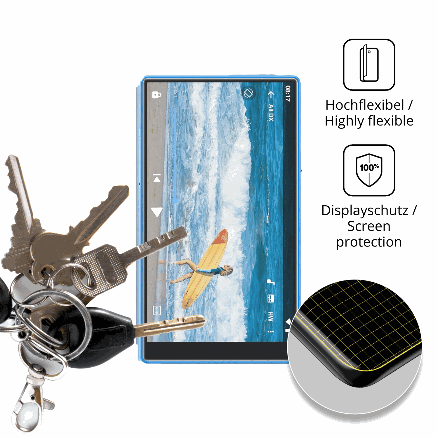 dipos Displayschutz für AGXOV P50 MP3-Player, transparente Oberfläche, perfekte Passform auch für die Rundungen