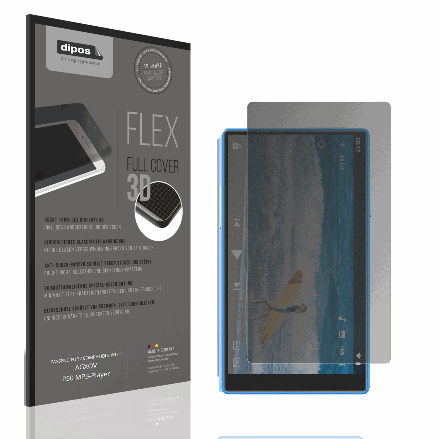Blickschutzfolie von dipos passend für AGXOV P50 MP3-Player, 100% Displayabdeckung und blasenfreie Montage