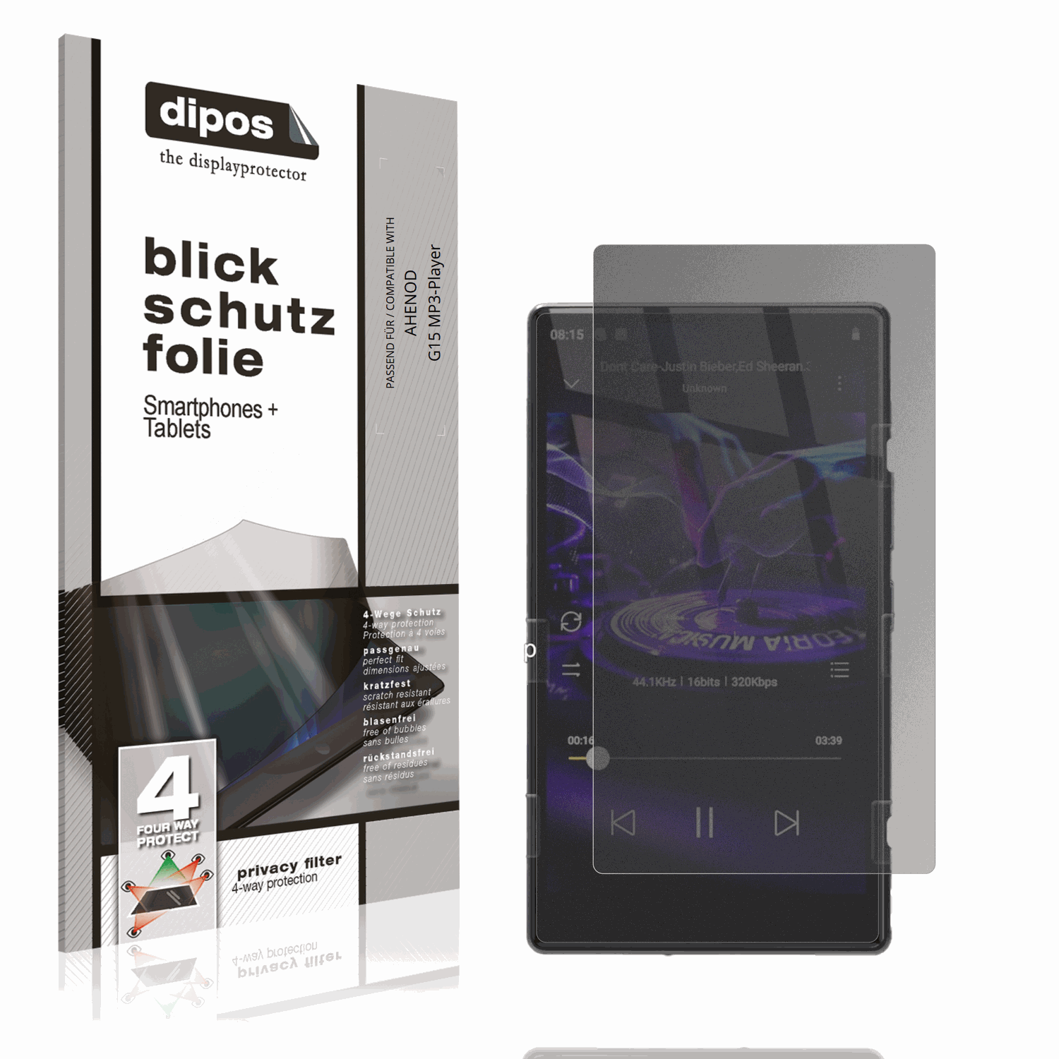 Blickschutzfolie von dipos passend für AHENOD G15 MP3-Player, präziser Zuschnitt und blasenfrei montiert