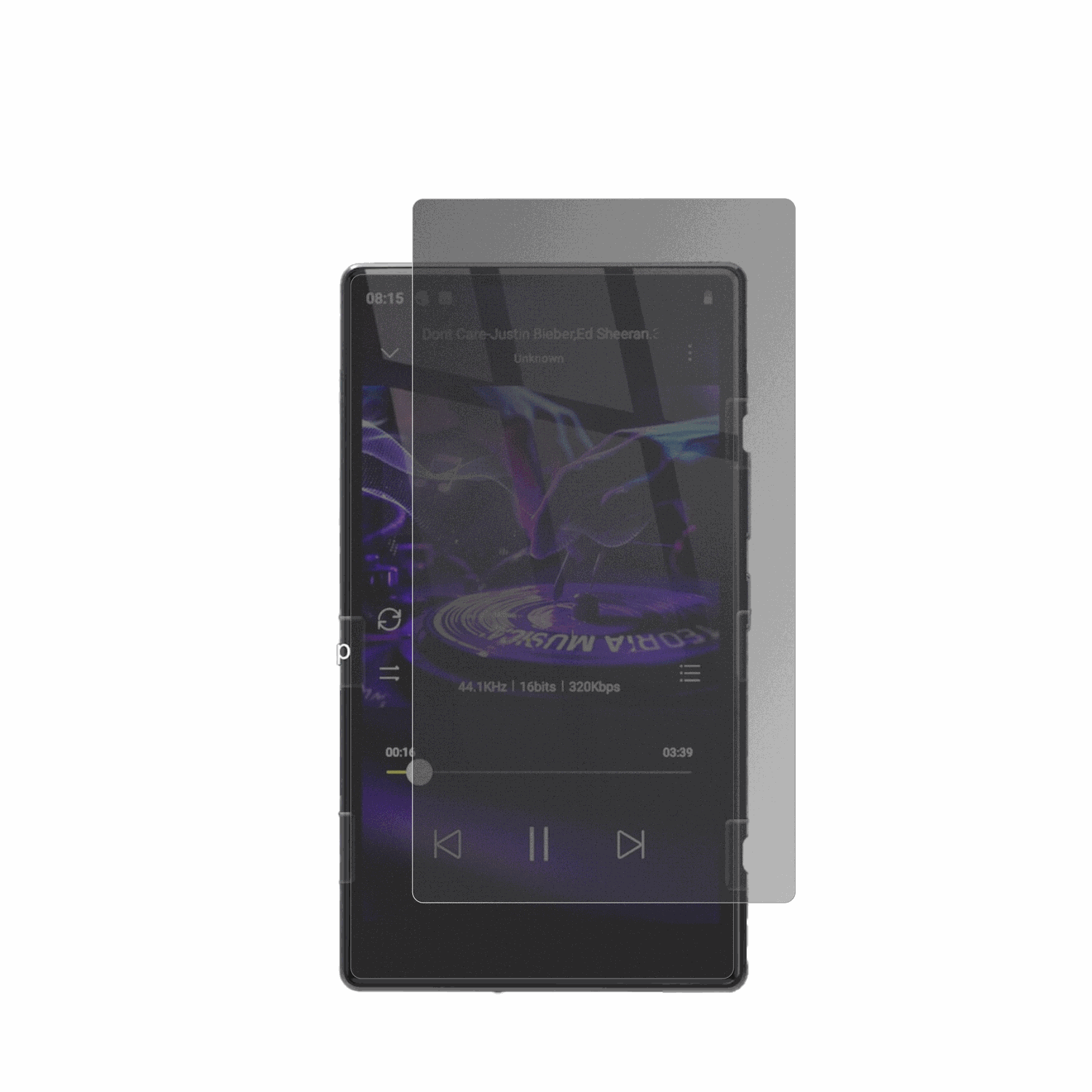 AHENODG15 MP3-Player mit aufgebrachtem dipos Displayschutz, der seitliche Einblicke blockiert