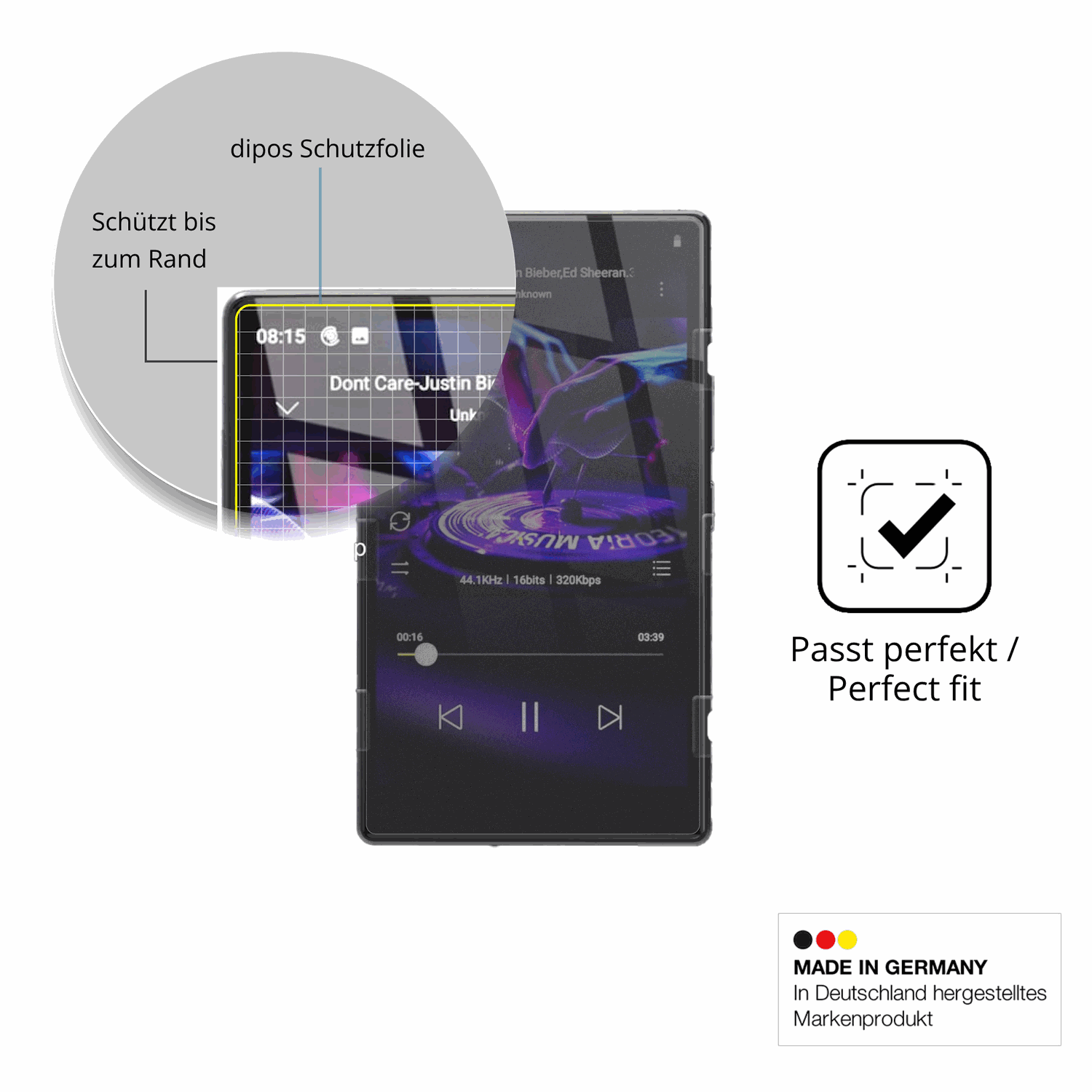 Schutz gegen Kratzer auf dem AHENOD G15 MP3-Player Glas durch Schlüssel oder Ähnliches