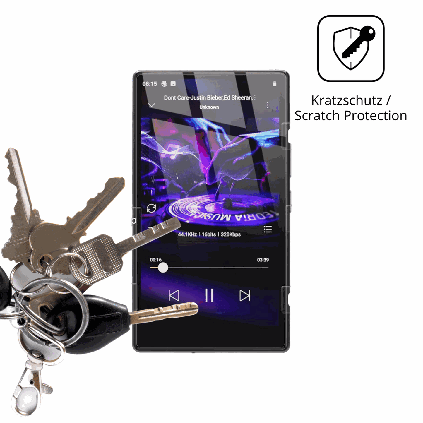 Schutz gegen Kratzer auf dem AHENOD G15 MP3-Player Glas durch Schlüssel oder Ähnliches